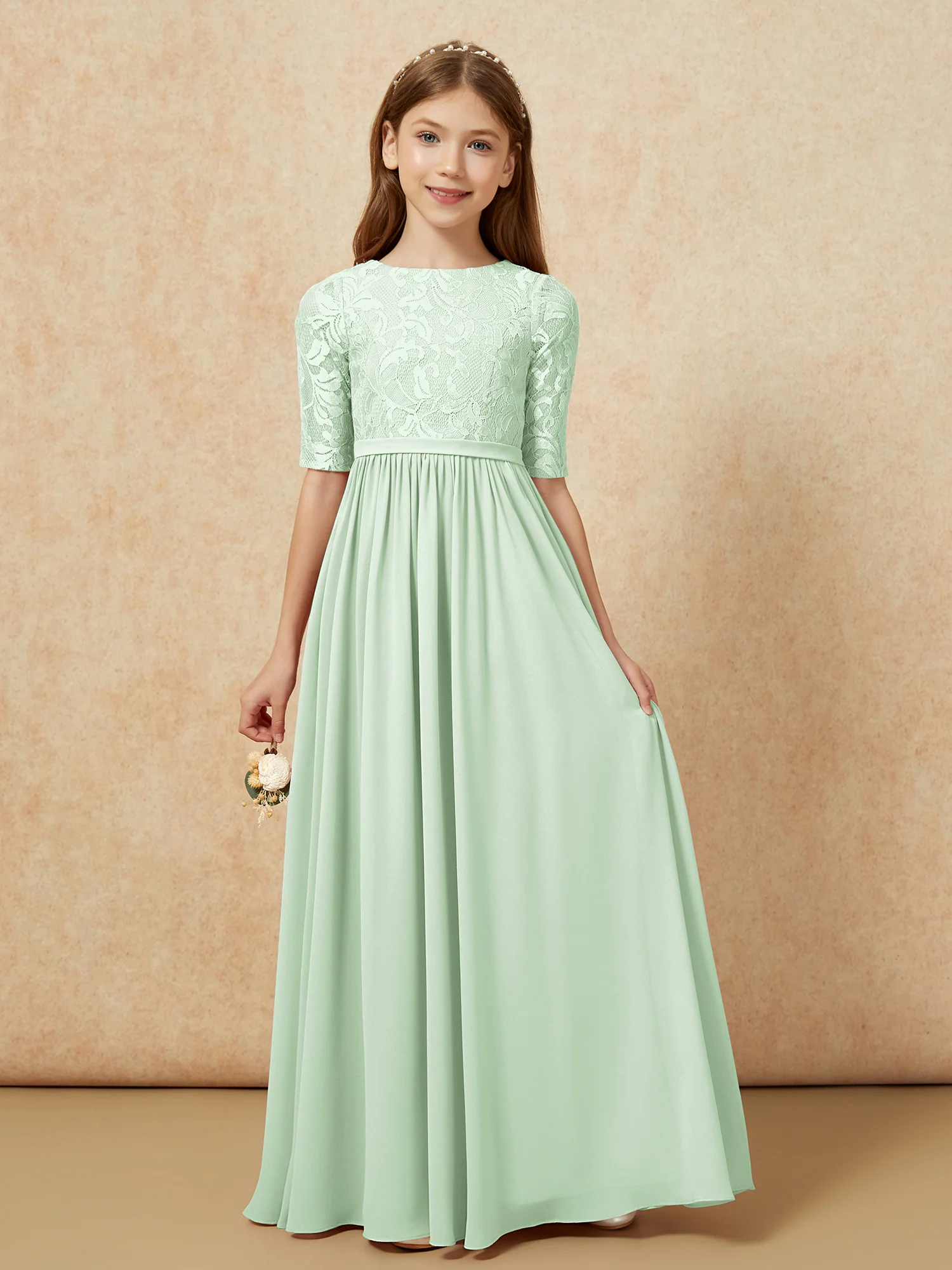 Half Sleeve Lace Top Chiffon Junior Bridesmaid Dresses Dusty Sage