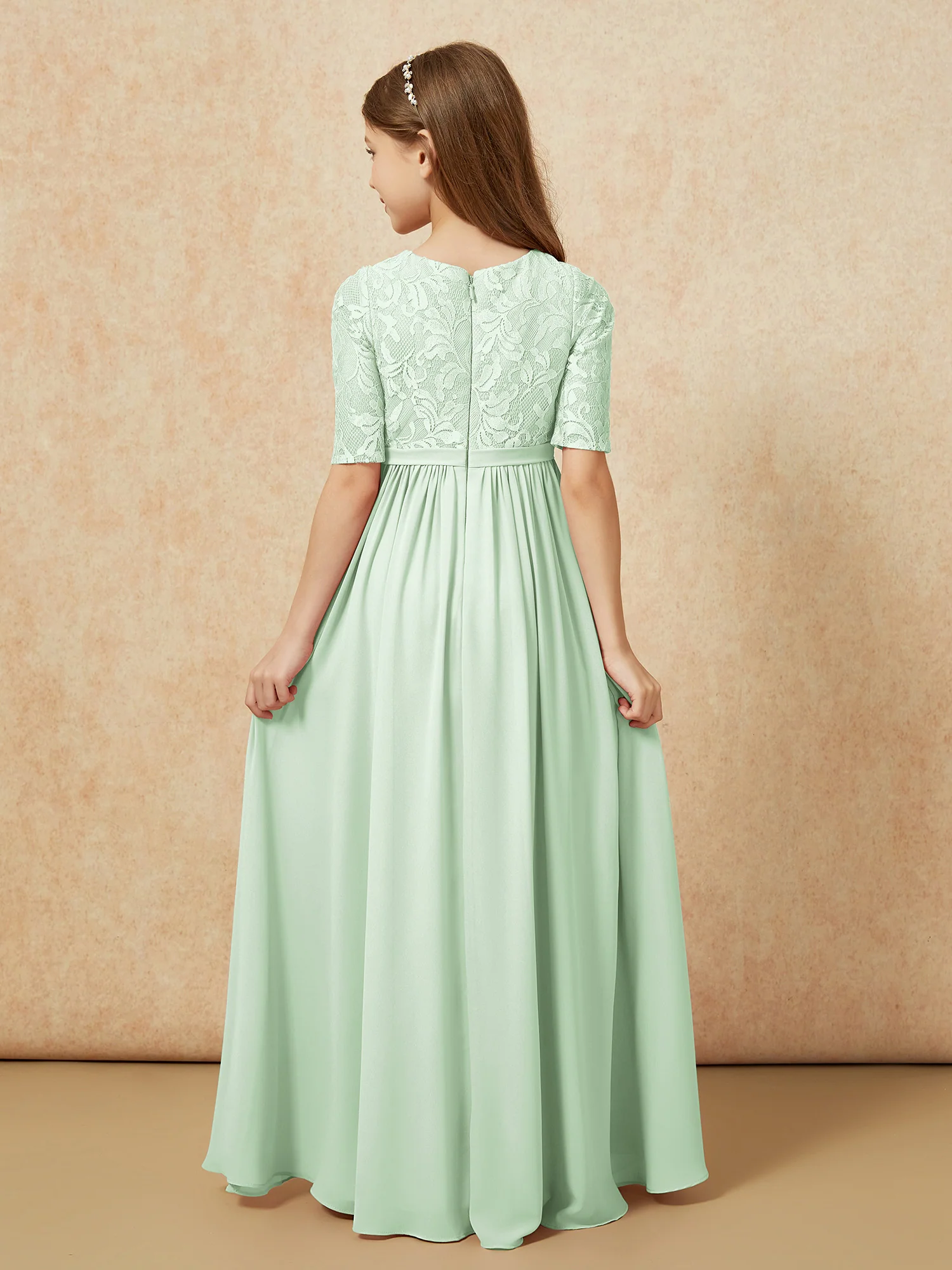 Half Sleeve Lace Top Chiffon Junior Bridesmaid Dresses Dusty Sage - Image 2