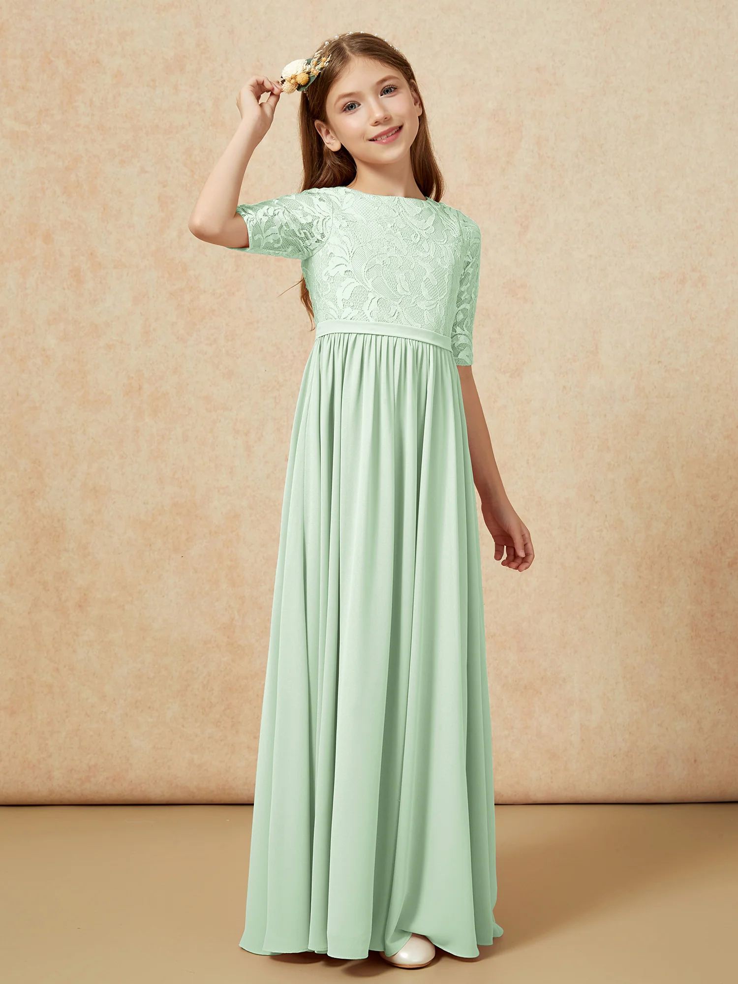 Half Sleeve Lace Top Chiffon Junior Bridesmaid Dresses Dusty Sage - Image 3