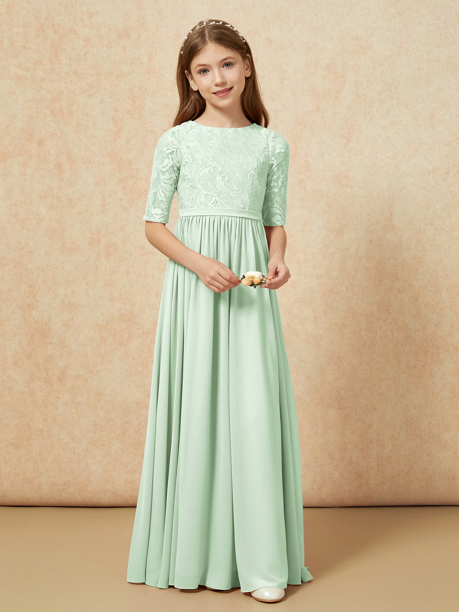 Half Sleeve Lace Top Chiffon Junior Bridesmaid Dresses Dusty Sage - Image 4