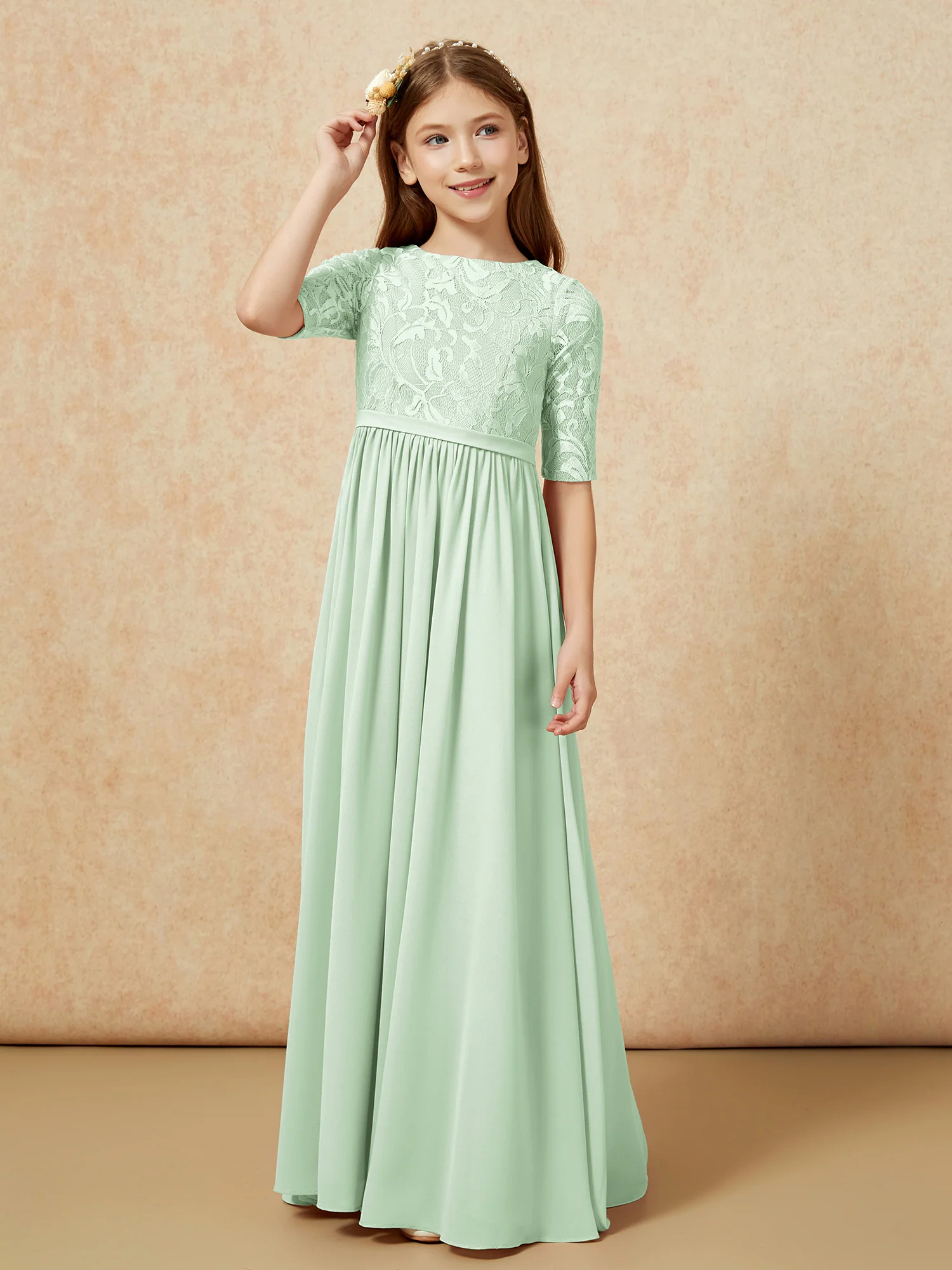 Half Sleeve Lace Top Chiffon Junior Bridesmaid Dresses Dusty Sage - Image 5