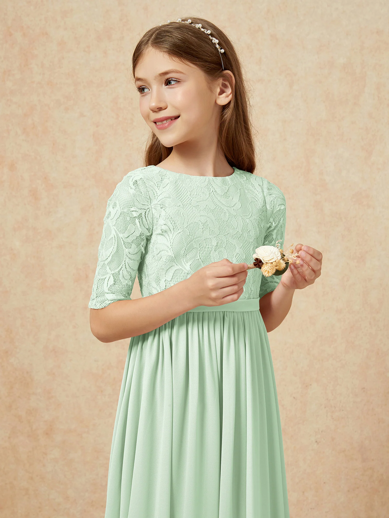 Half Sleeve Lace Top Chiffon Junior Bridesmaid Dresses Dusty Sage - Image 6