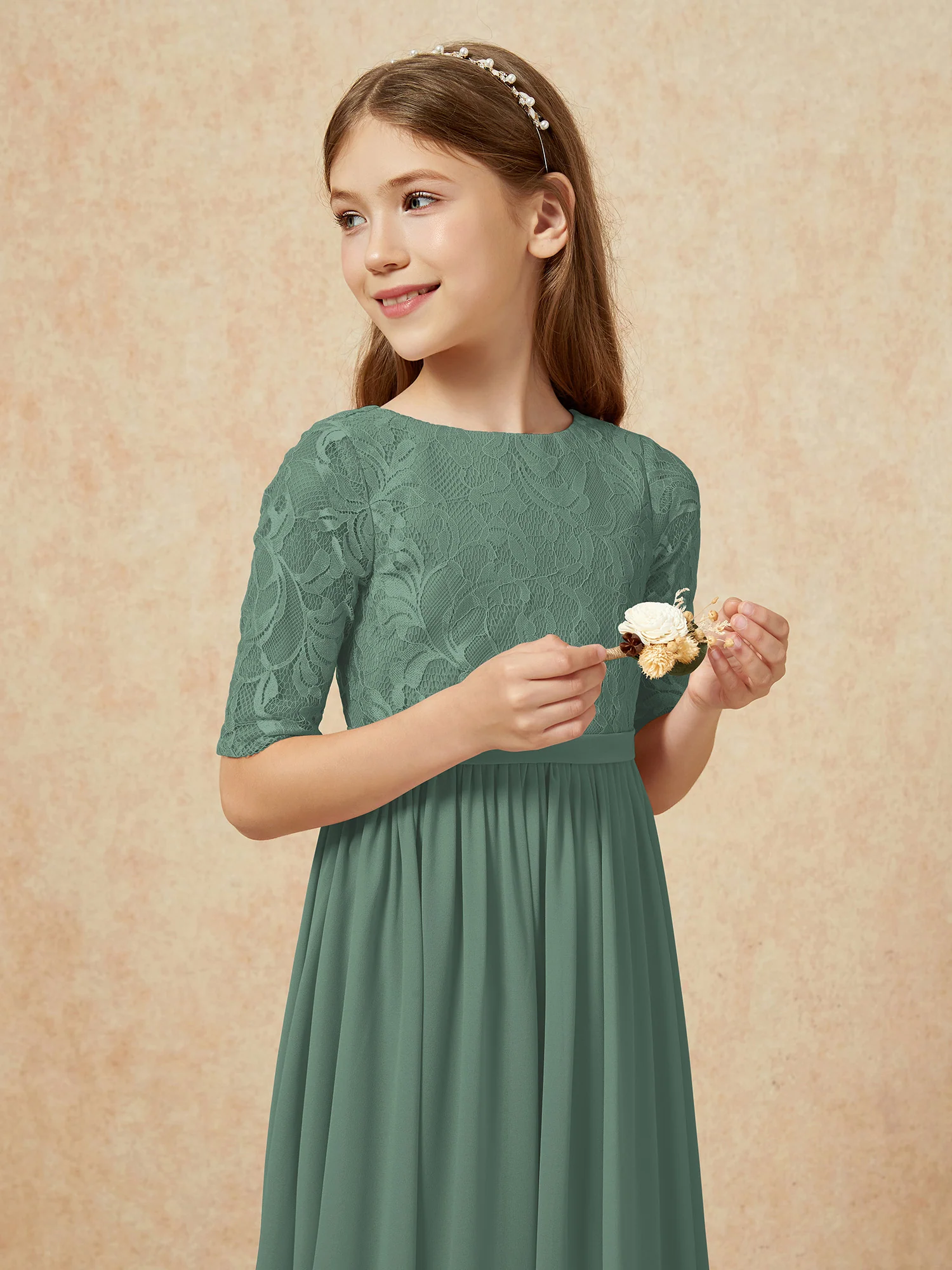 Half Sleeve Lace Top Chiffon Junior Bridesmaid Dresses Eucalyptus - Image 6