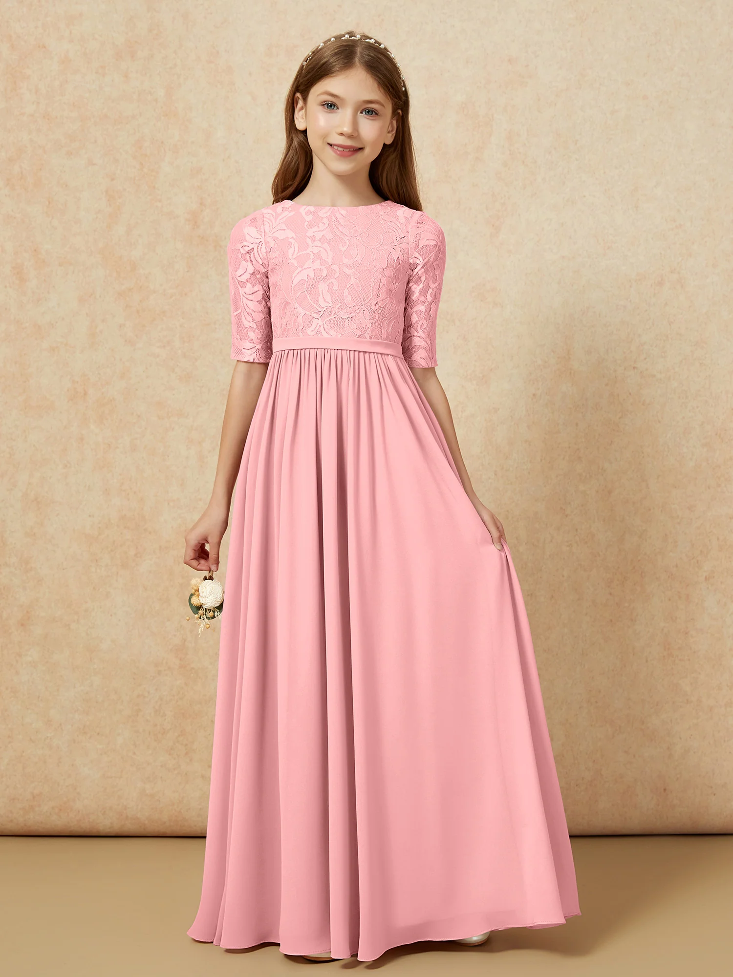 Half Sleeve Lace Top Chiffon Junior Bridesmaid Dresses Flamingo