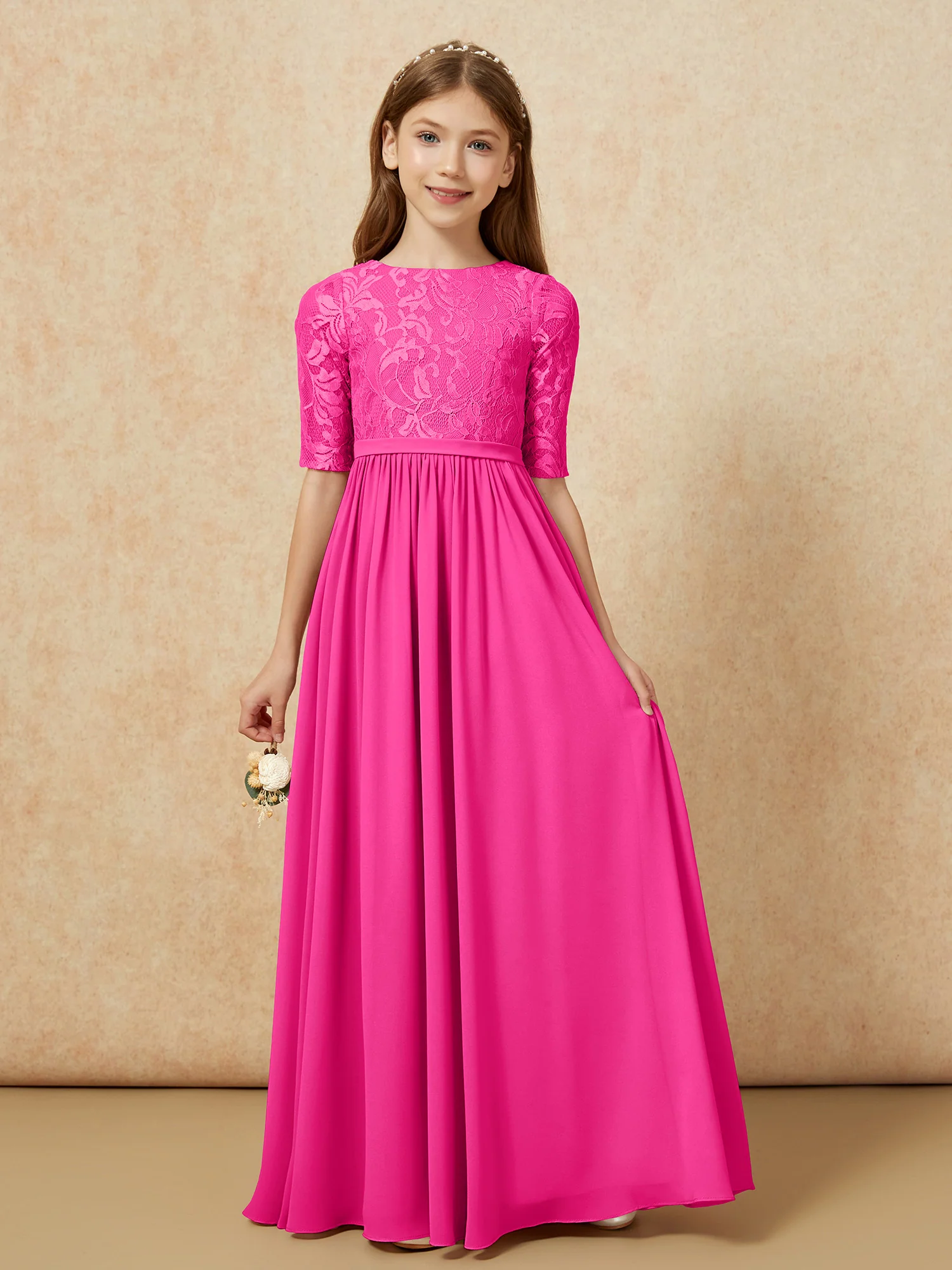 Half Sleeve Lace Top Chiffon Junior Bridesmaid Dresses Fuchsia
