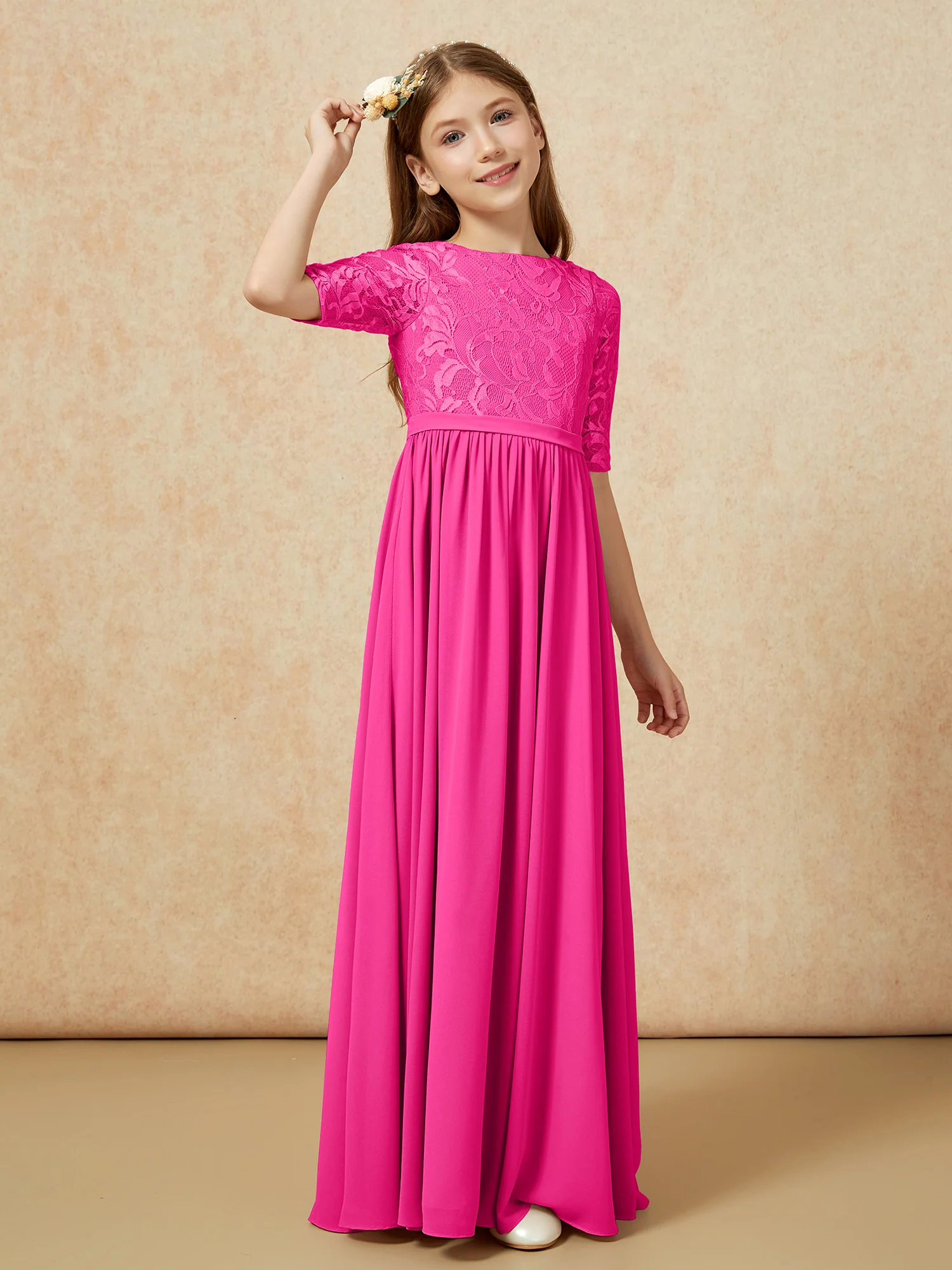 Half Sleeve Lace Top Chiffon Junior Bridesmaid Dresses Fuchsia - Image 3