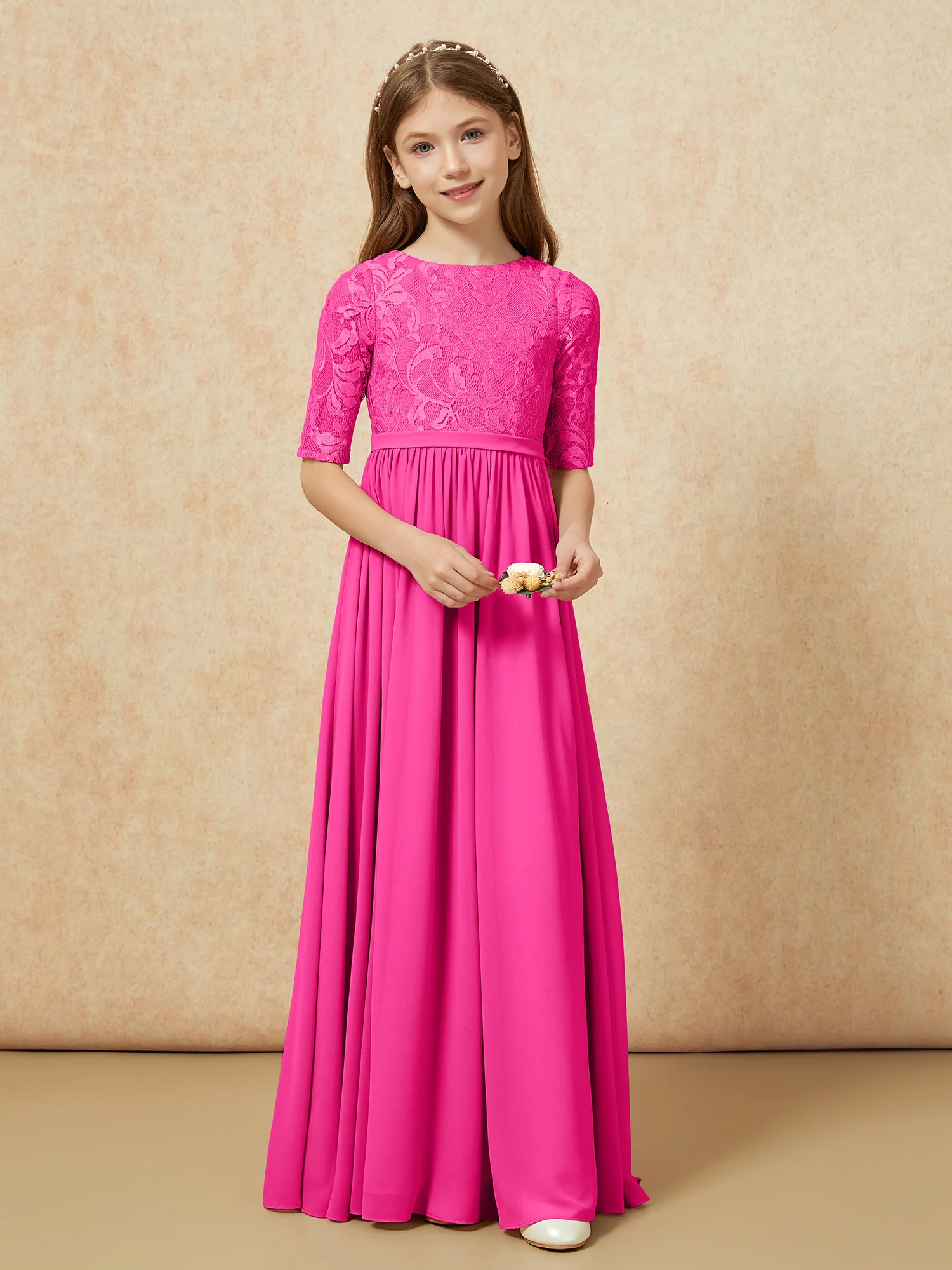 Half Sleeve Lace Top Chiffon Junior Bridesmaid Dresses Fuchsia - Image 4