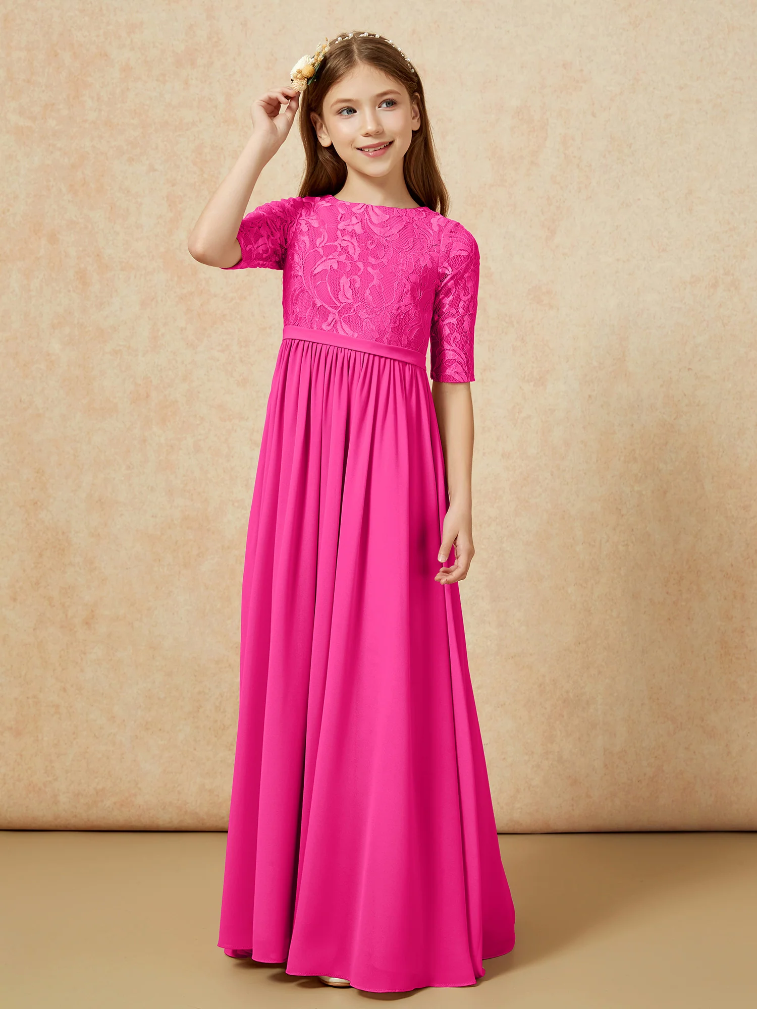 Half Sleeve Lace Top Chiffon Junior Bridesmaid Dresses Fuchsia - Image 5