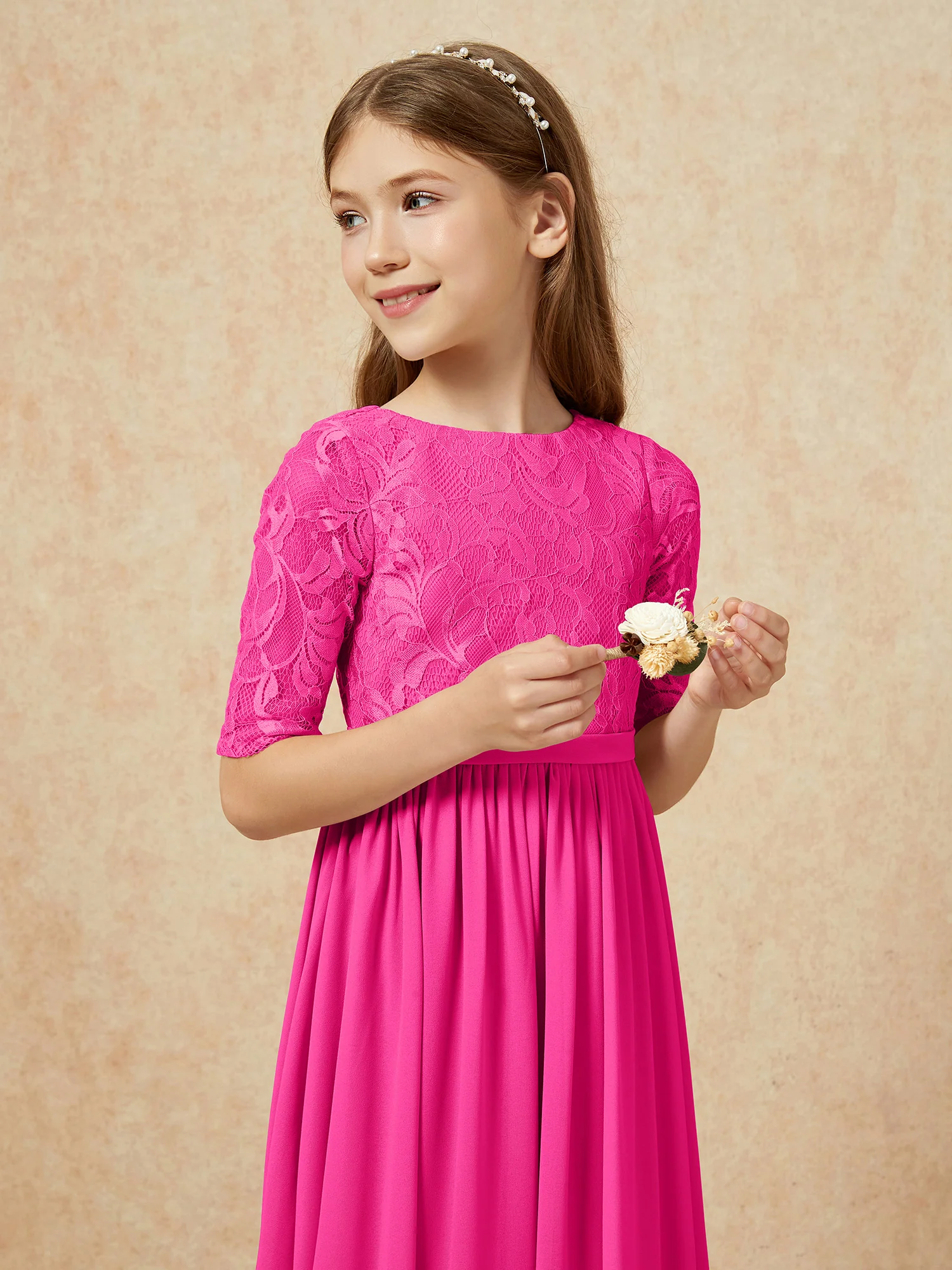 Half Sleeve Lace Top Chiffon Junior Bridesmaid Dresses Fuchsia - Image 6
