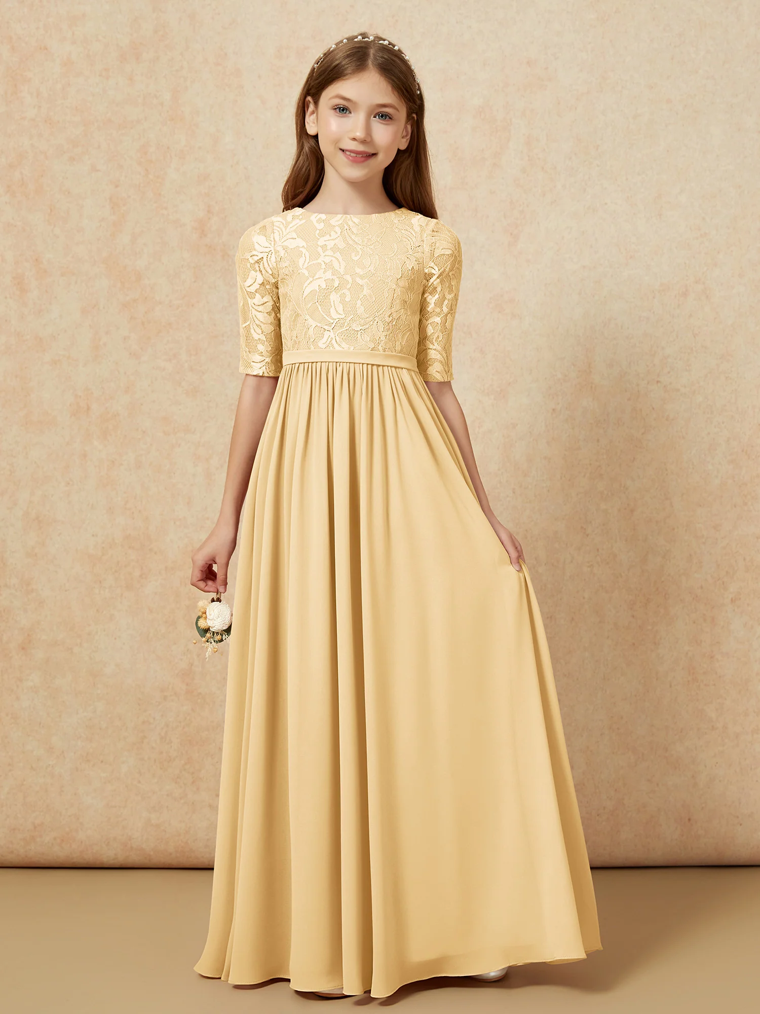 Half Sleeve Lace Top Chiffon Junior Bridesmaid Dresses Gold