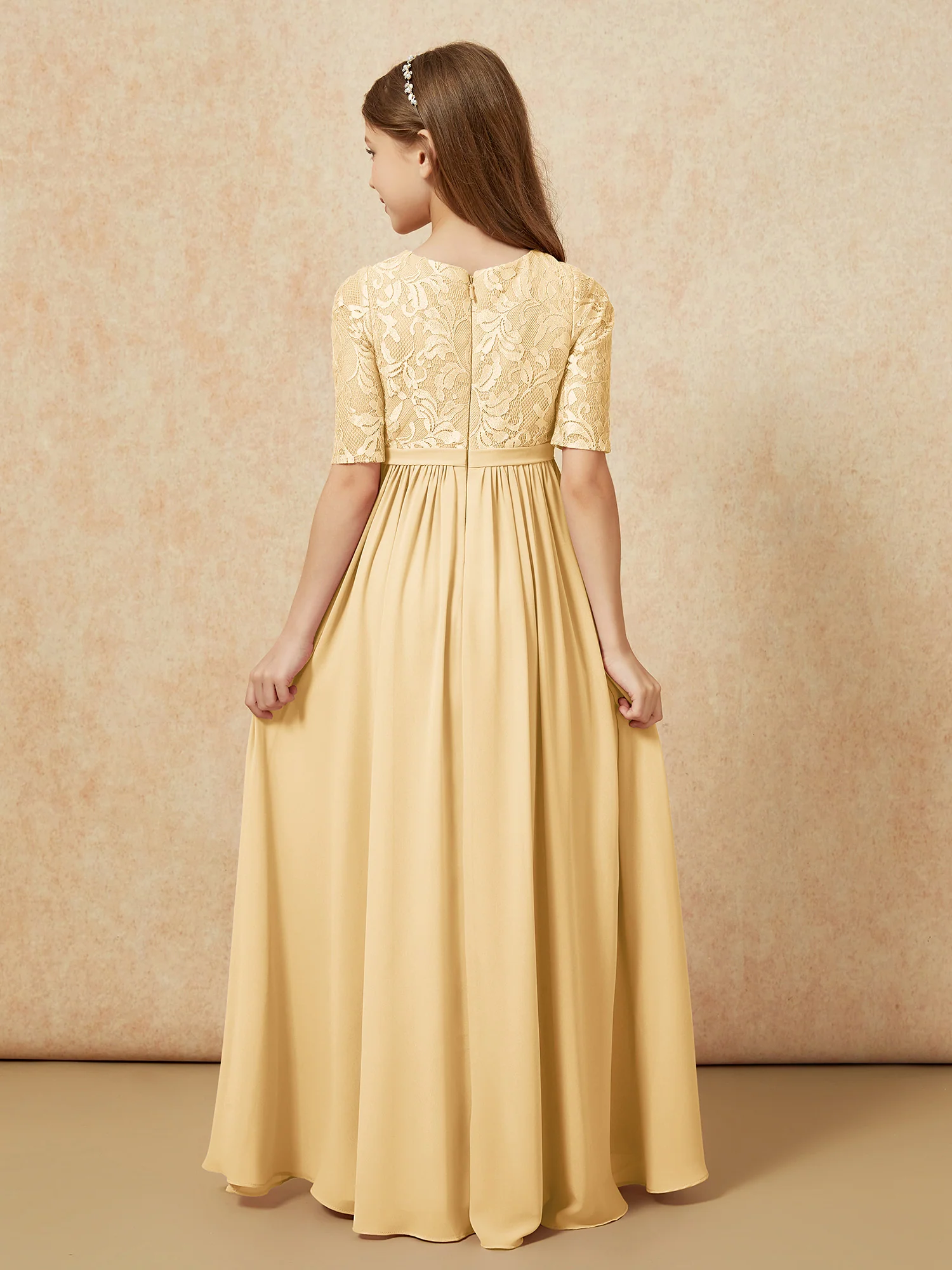 Half Sleeve Lace Top Chiffon Junior Bridesmaid Dresses Gold - Image 2