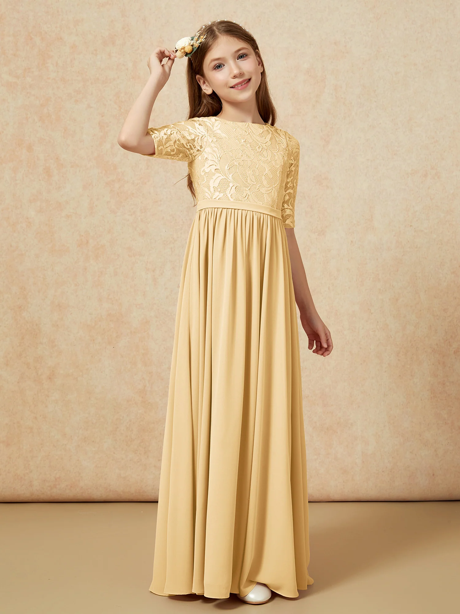 Half Sleeve Lace Top Chiffon Junior Bridesmaid Dresses Gold - Image 3
