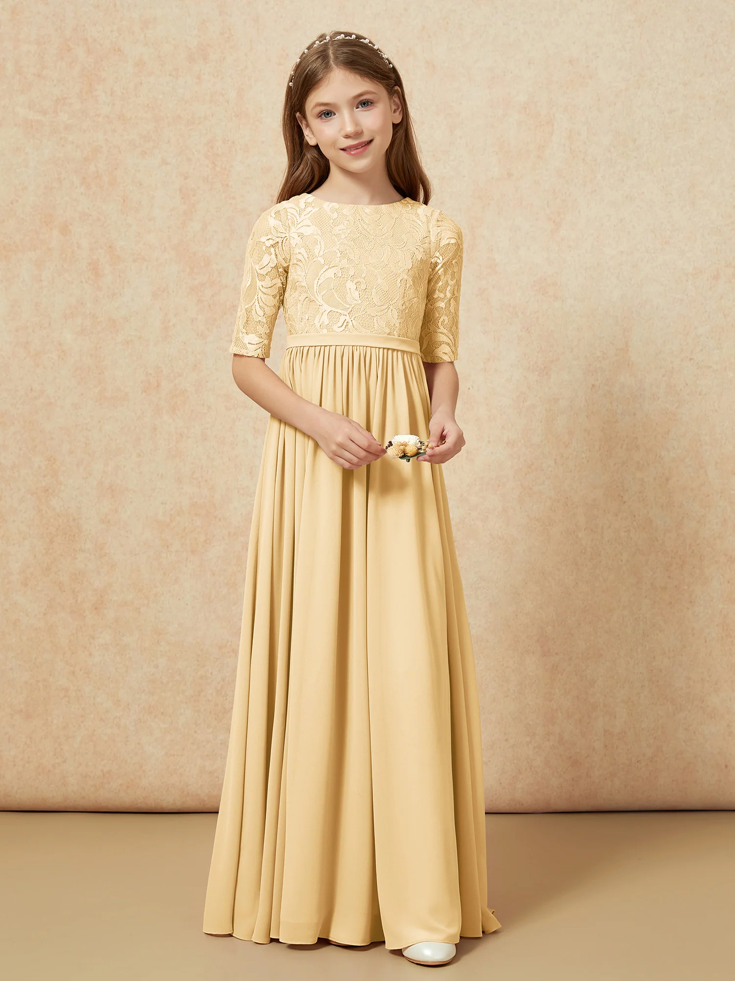 Half Sleeve Lace Top Chiffon Junior Bridesmaid Dresses Gold - Image 4