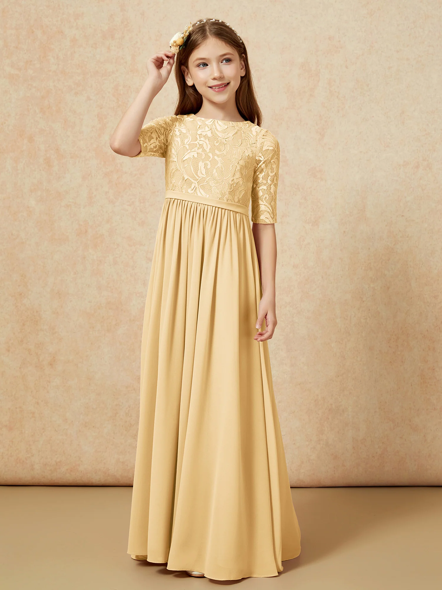 Half Sleeve Lace Top Chiffon Junior Bridesmaid Dresses Gold - Image 5