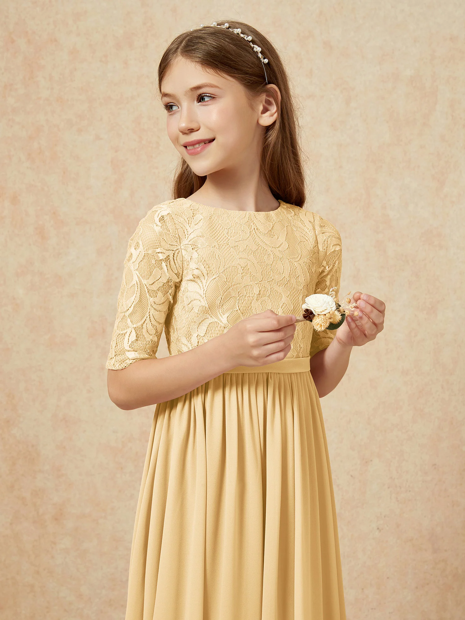 Half Sleeve Lace Top Chiffon Junior Bridesmaid Dresses Gold - Image 6