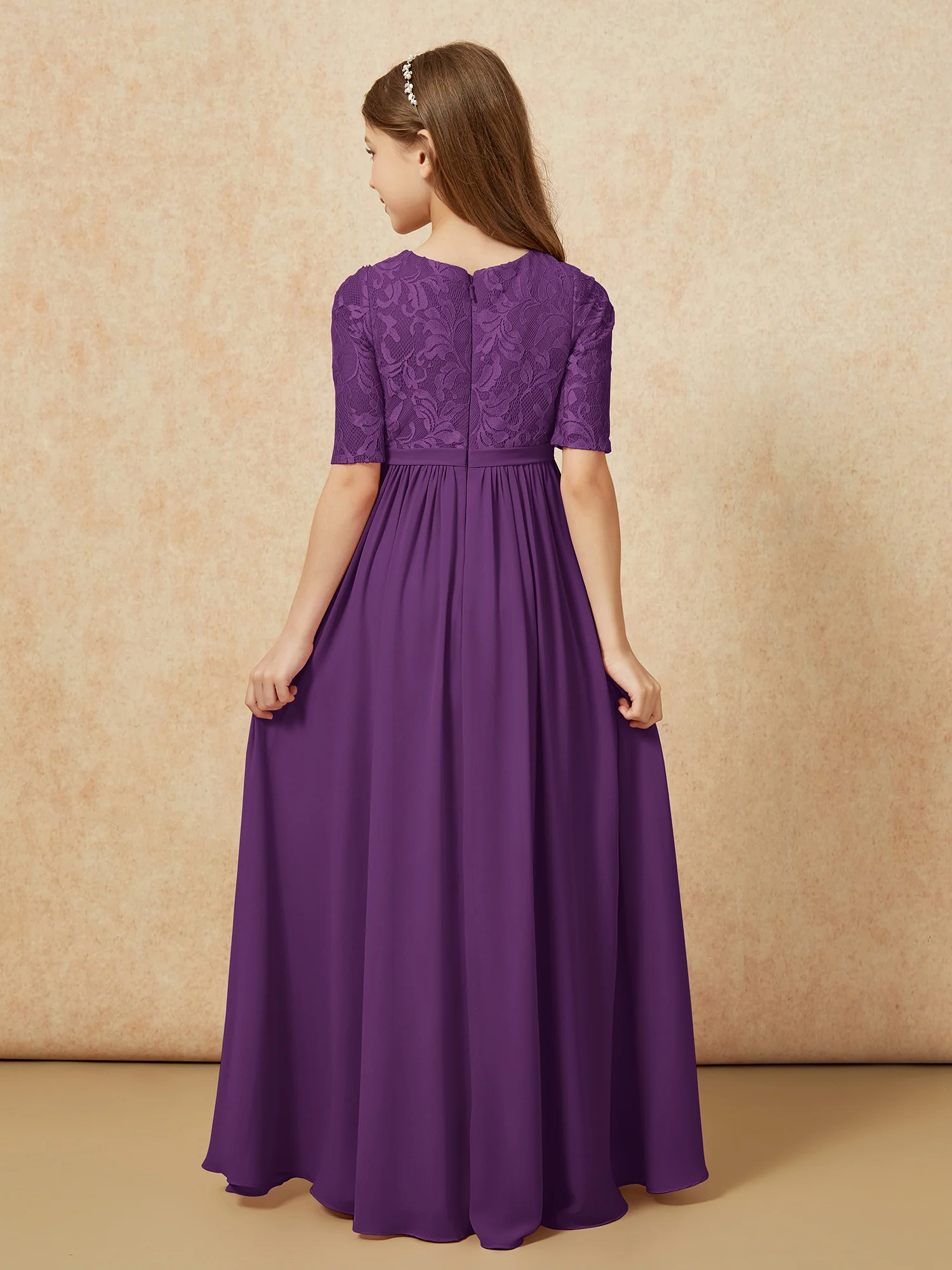 Half Sleeve Lace Top Chiffon Junior Bridesmaid Dresses Grape - Image 2