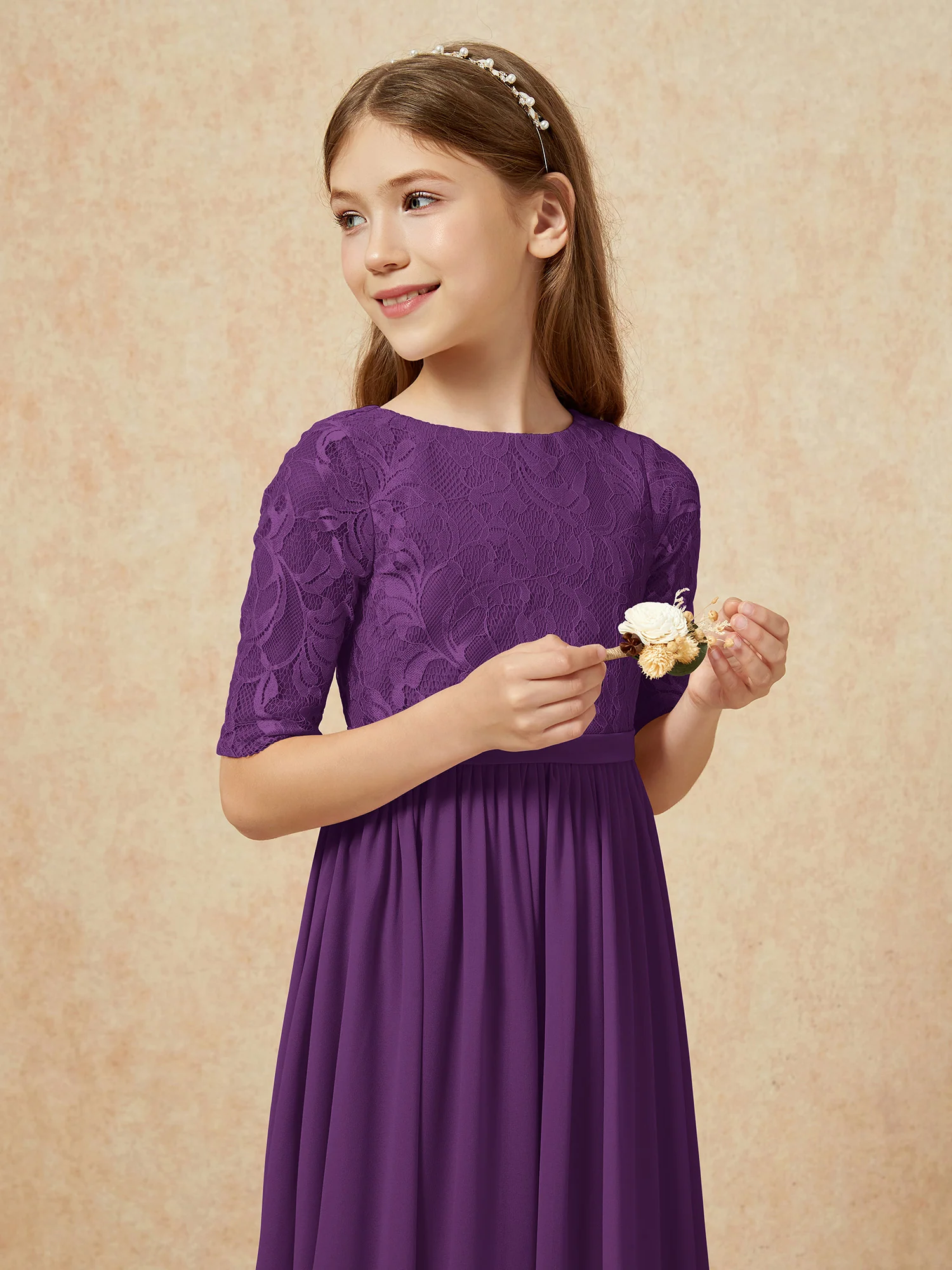 Half Sleeve Lace Top Chiffon Junior Bridesmaid Dresses Grape - Image 6