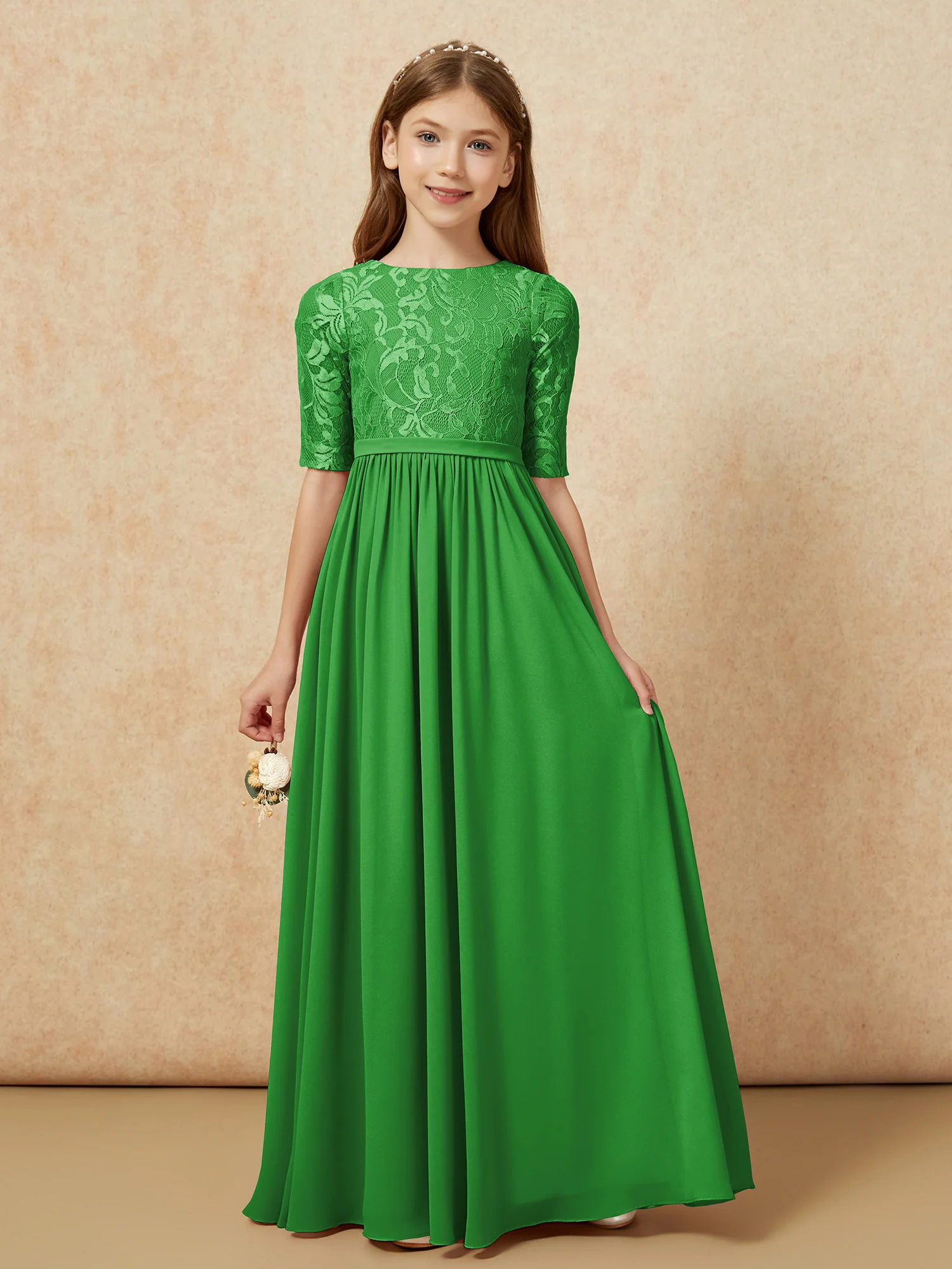 Half Sleeve Lace Top Chiffon Junior Bridesmaid Dresses Green