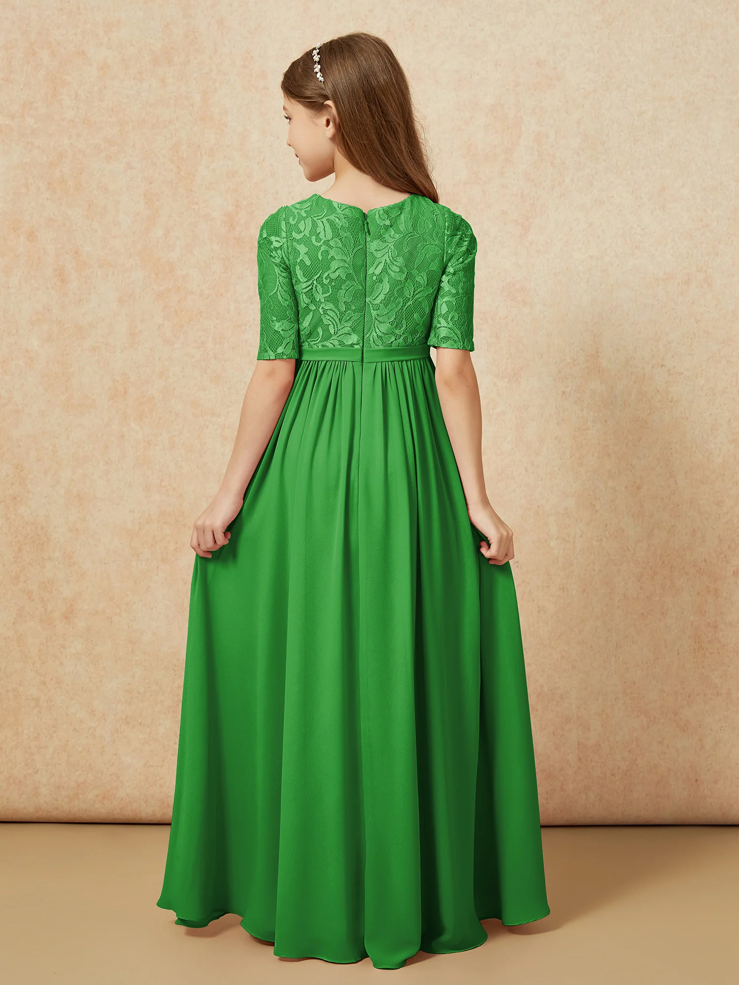 Half Sleeve Lace Top Chiffon Junior Bridesmaid Dresses Green - Image 2