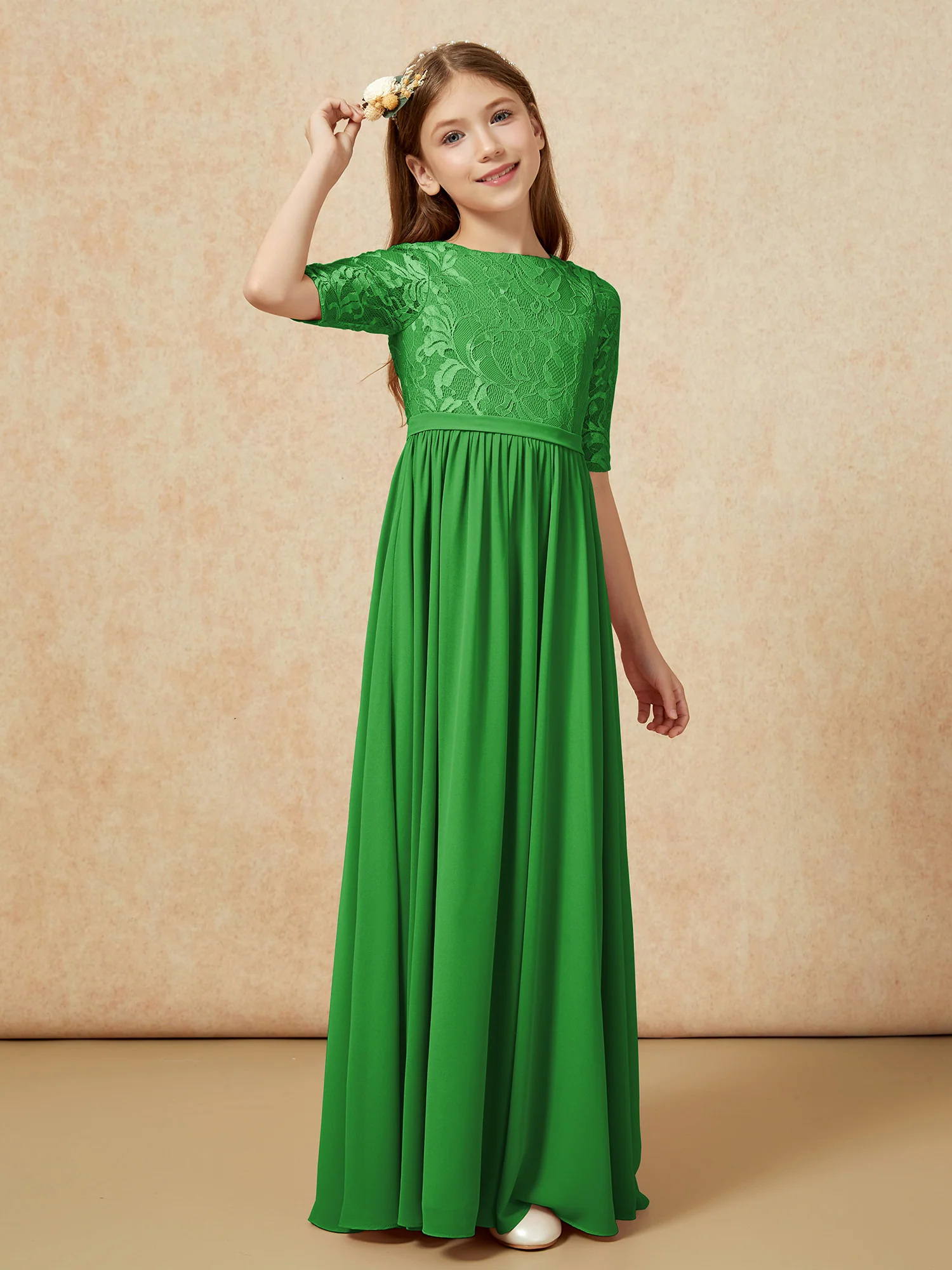 Half Sleeve Lace Top Chiffon Junior Bridesmaid Dresses Green - Image 3