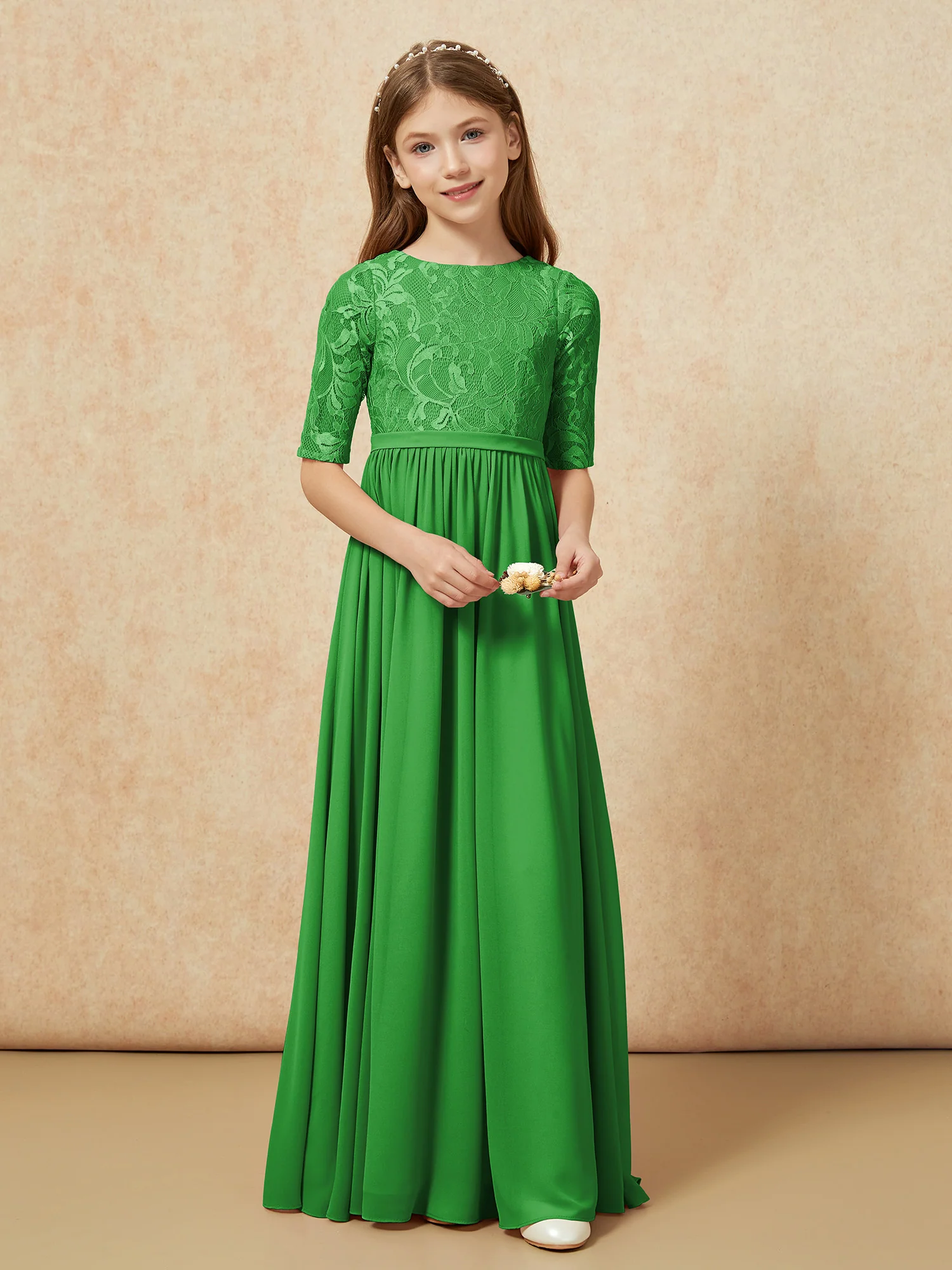 Half Sleeve Lace Top Chiffon Junior Bridesmaid Dresses Green - Image 4