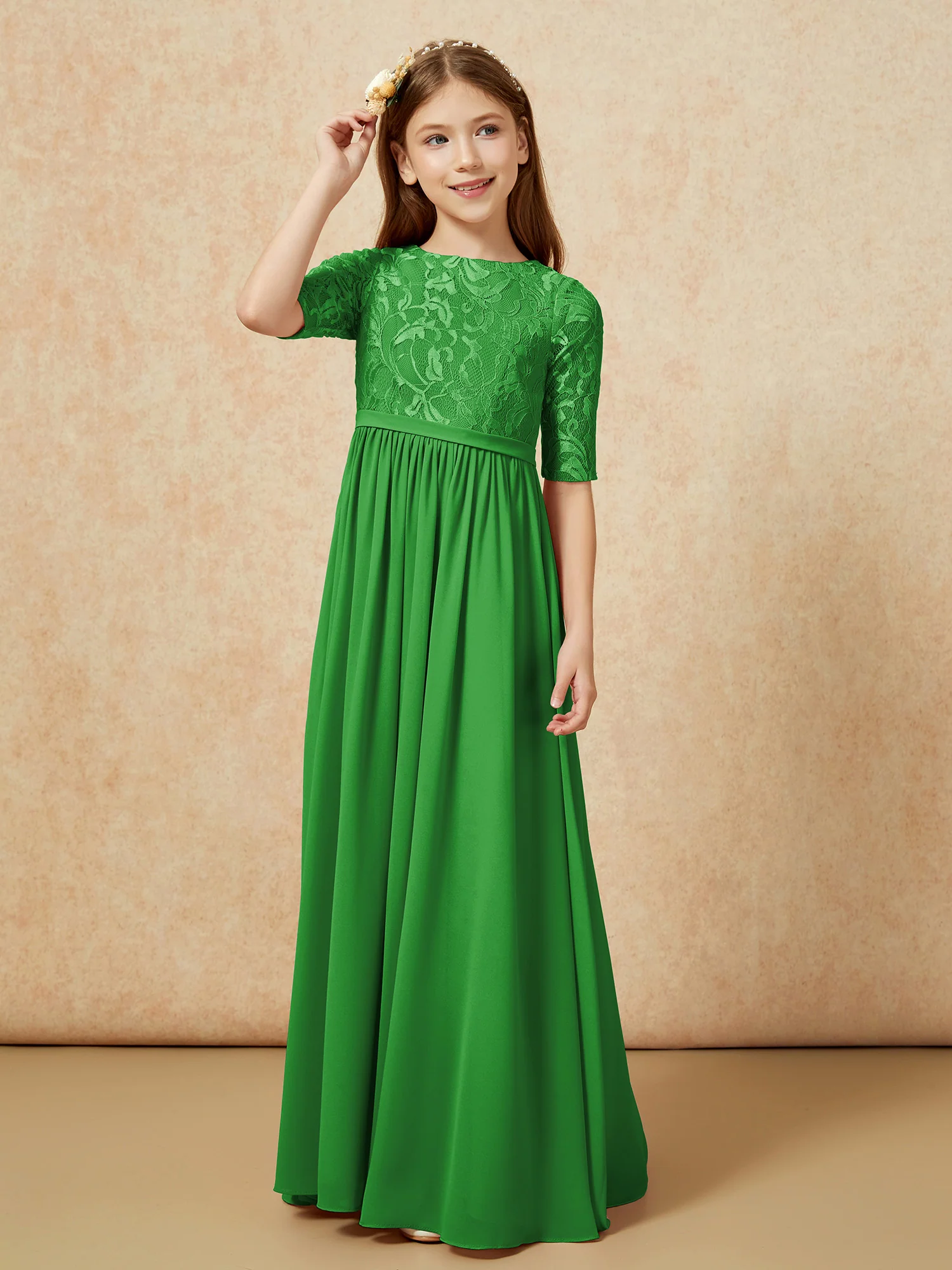 Half Sleeve Lace Top Chiffon Junior Bridesmaid Dresses Green - Image 5