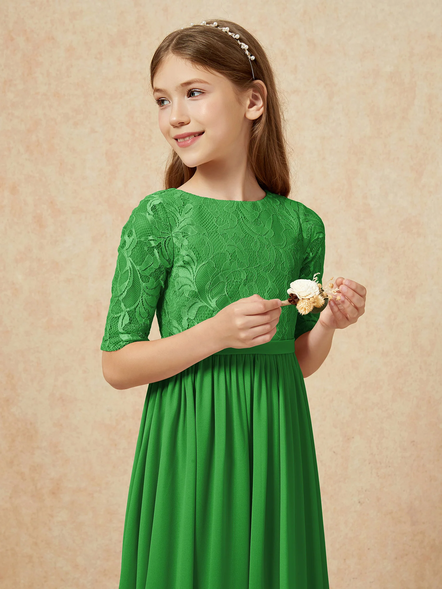 Half Sleeve Lace Top Chiffon Junior Bridesmaid Dresses Green - Image 6