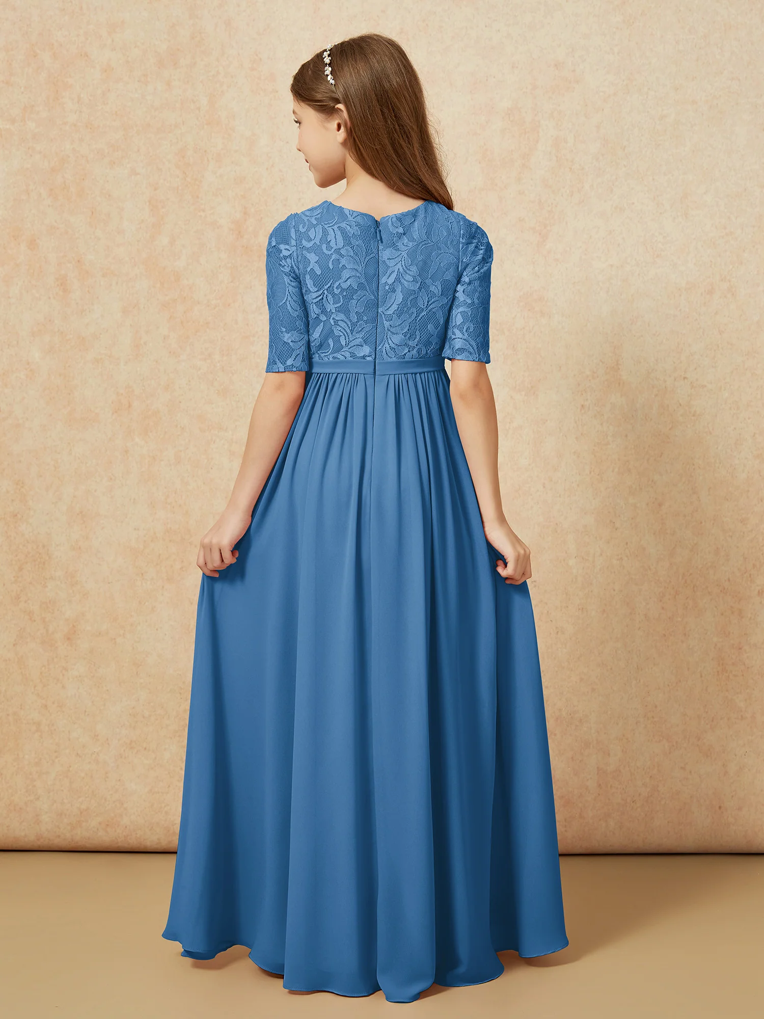 Half Sleeve Lace Top Chiffon Junior Bridesmaid Dresses Ink Blue - Image 2