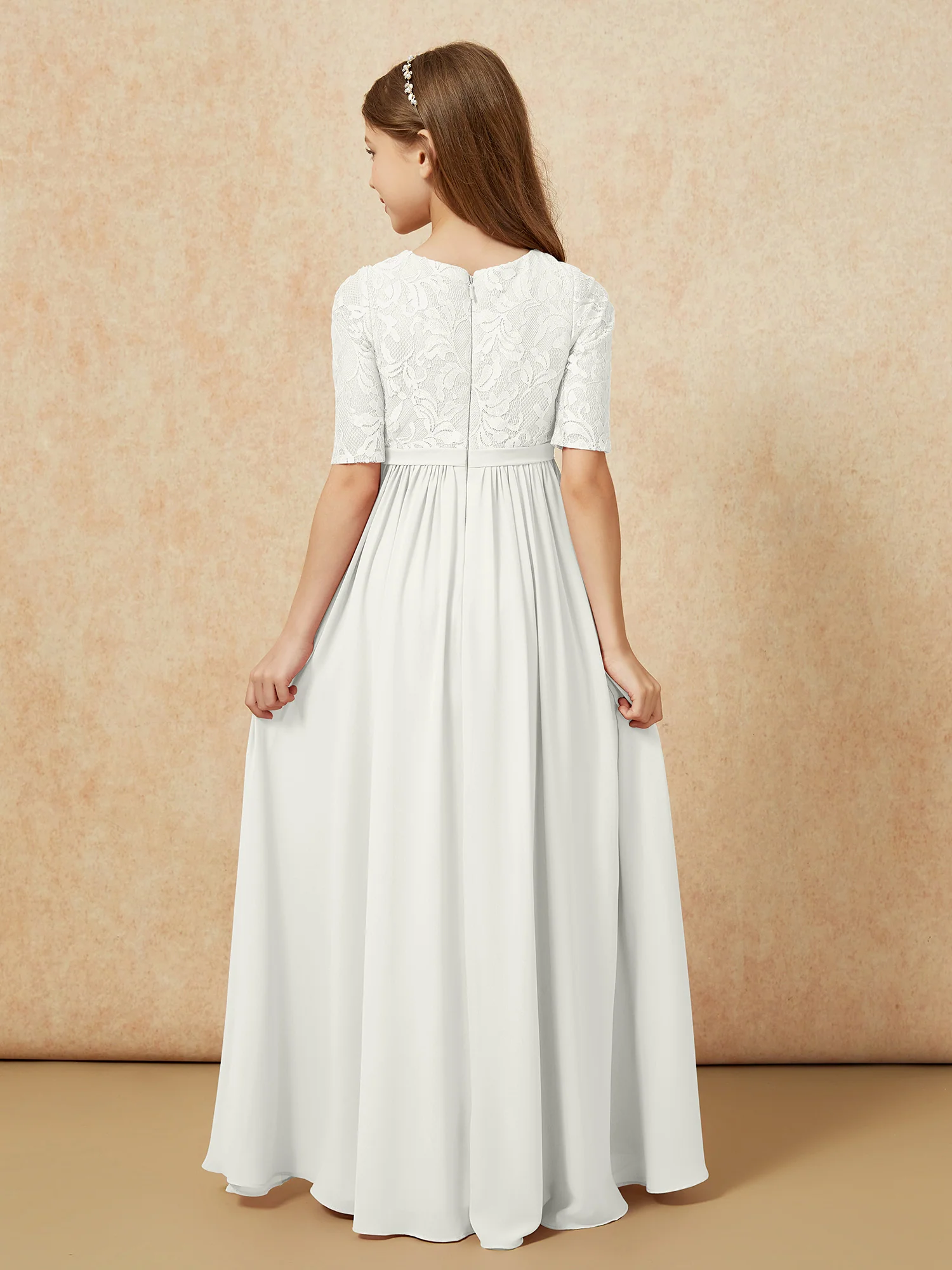 Half Sleeve Lace Top Chiffon Junior Bridesmaid Dresses Ivory - Image 2