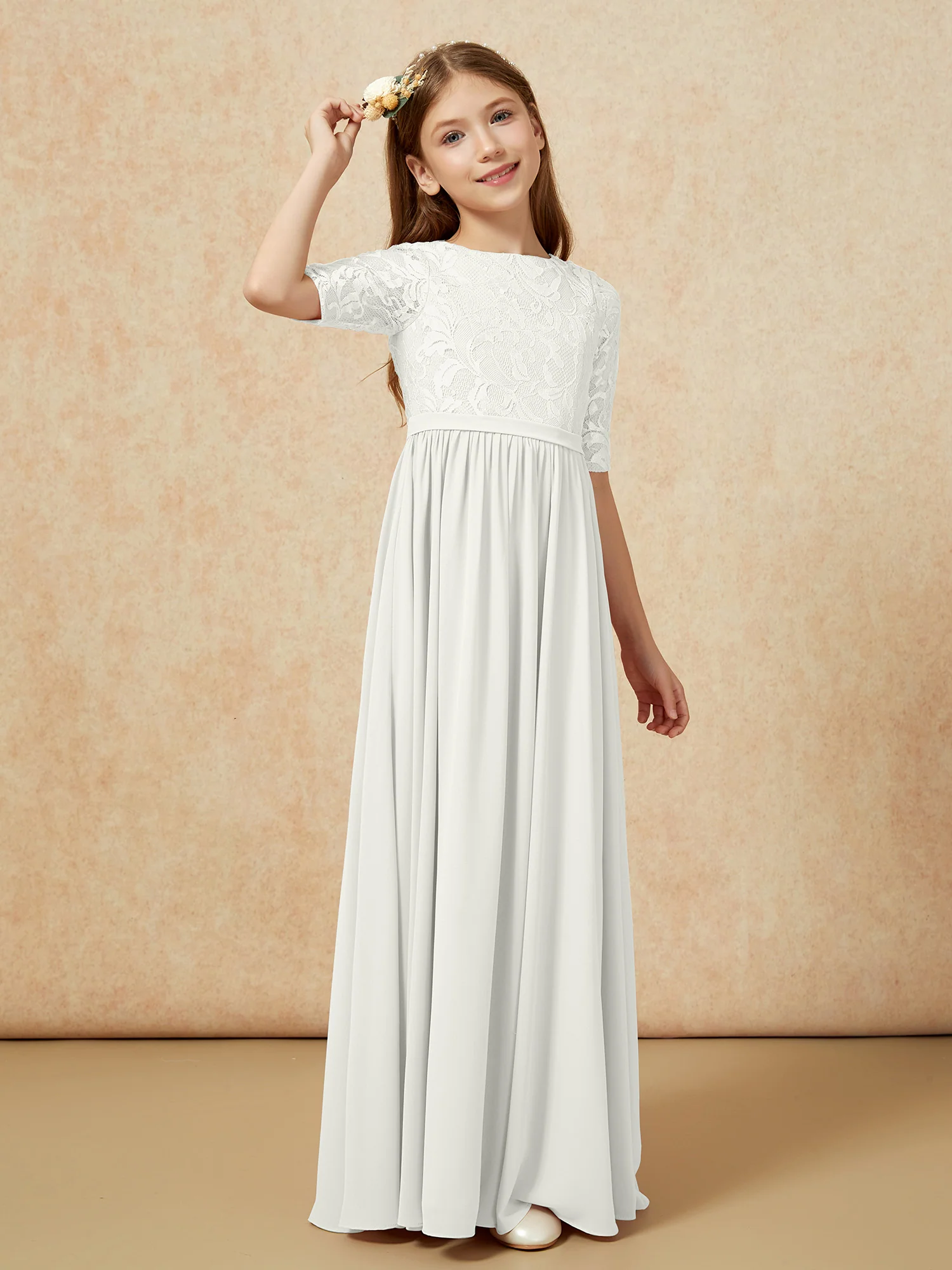Half Sleeve Lace Top Chiffon Junior Bridesmaid Dresses Ivory - Image 3