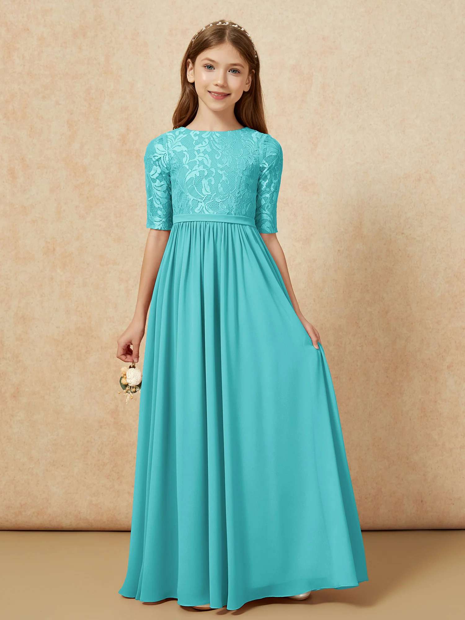 Half Sleeve Lace Top Chiffon Junior Bridesmaid Dresses Jade