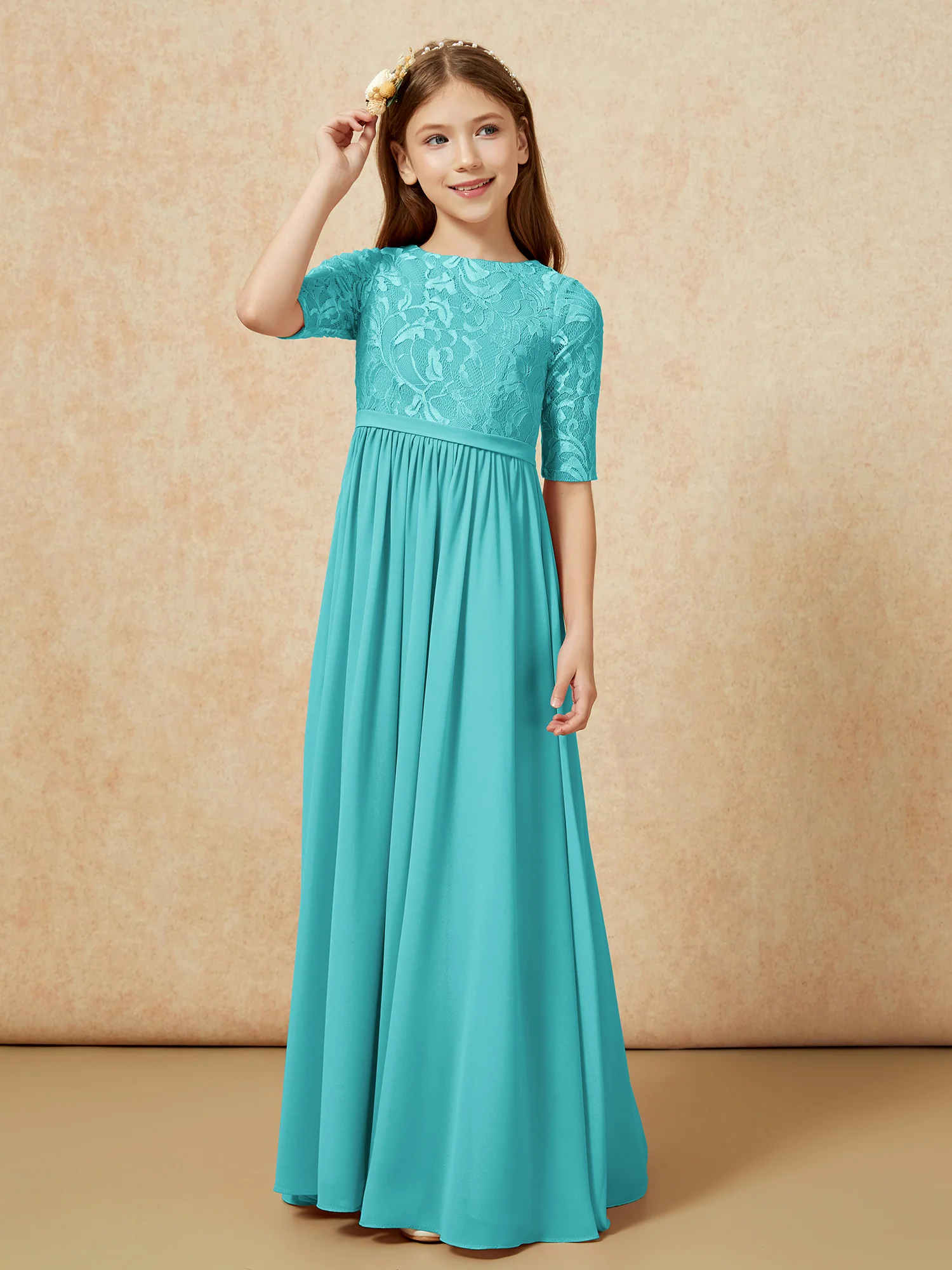 Half Sleeve Lace Top Chiffon Junior Bridesmaid Dresses Jade - Image 5