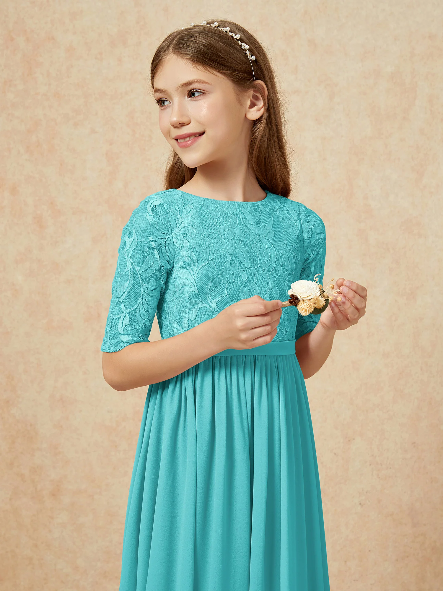 Half Sleeve Lace Top Chiffon Junior Bridesmaid Dresses Jade - Image 6