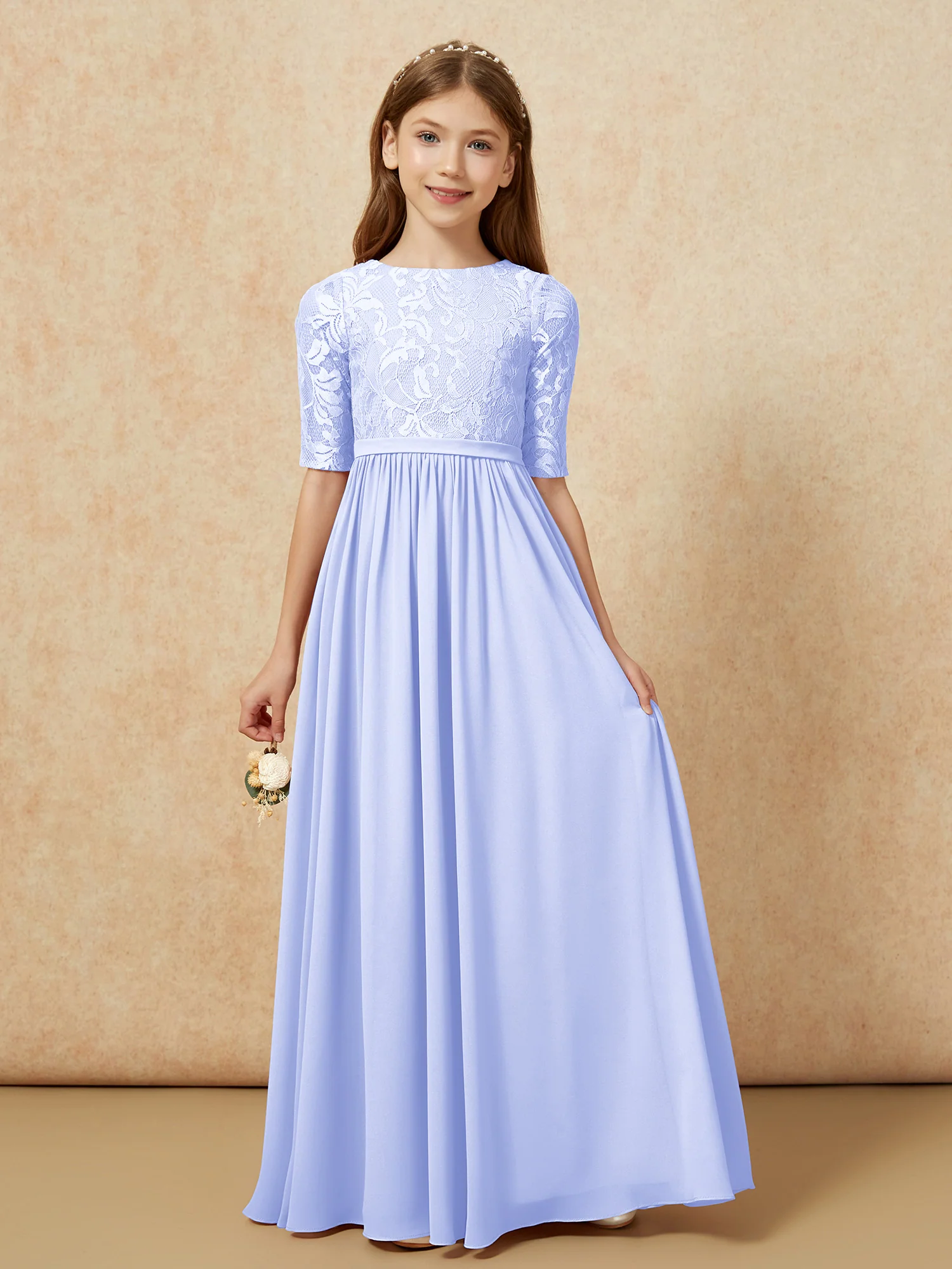 Half Sleeve Lace Top Chiffon Junior Bridesmaid Dresses Lavender