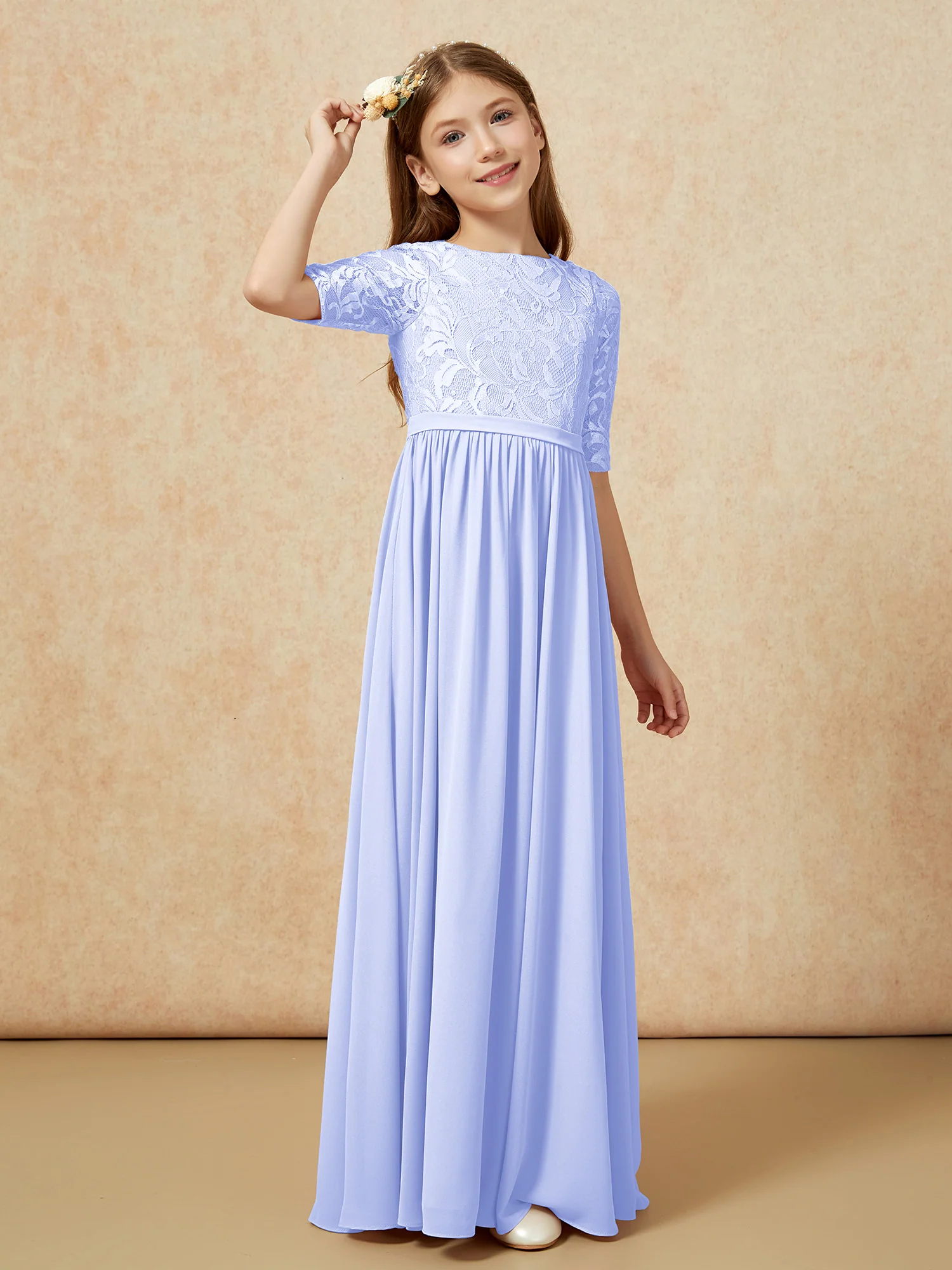 Half Sleeve Lace Top Chiffon Junior Bridesmaid Dresses Lavender - Image 3