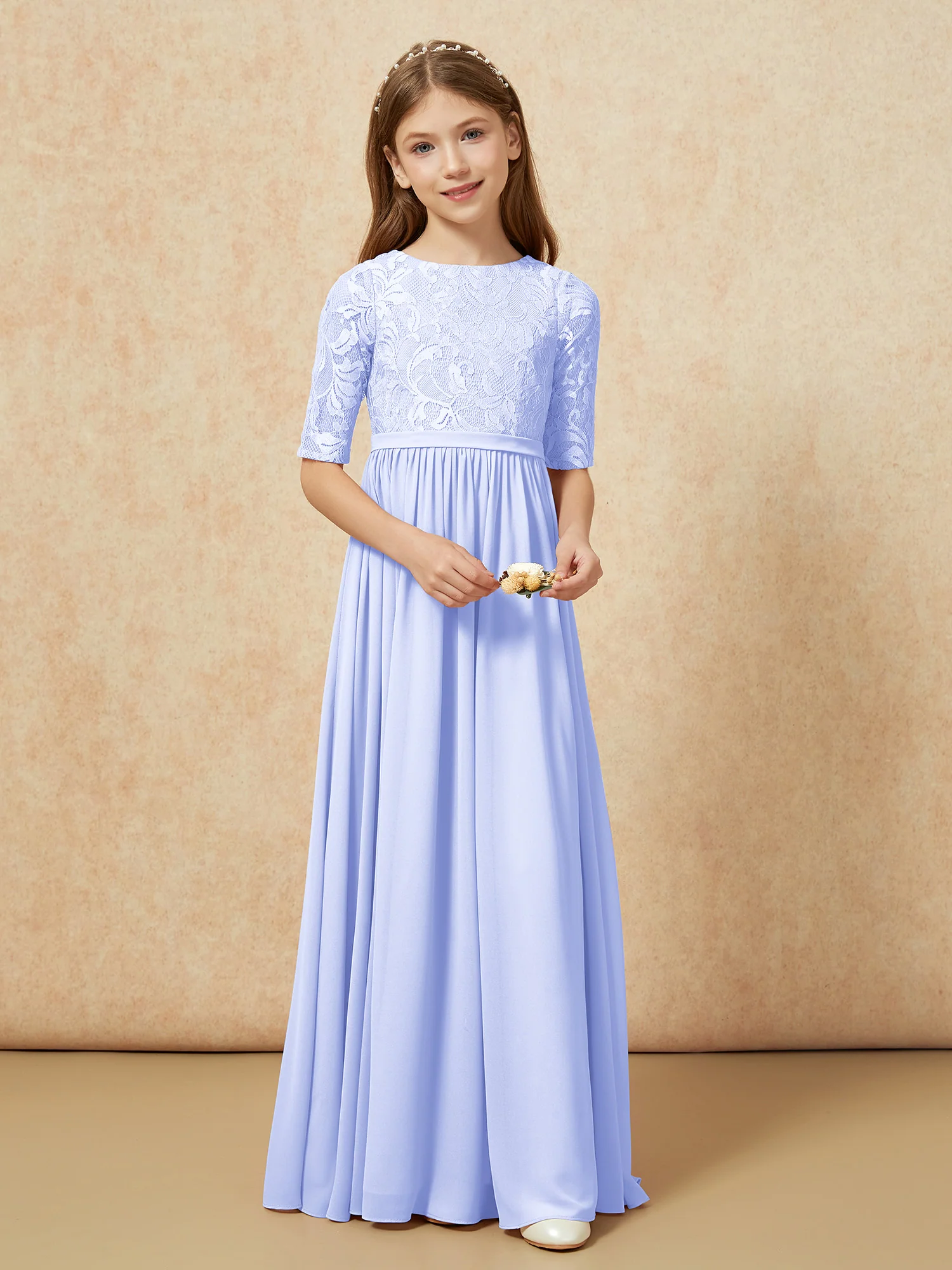 Half Sleeve Lace Top Chiffon Junior Bridesmaid Dresses Lavender - Image 4