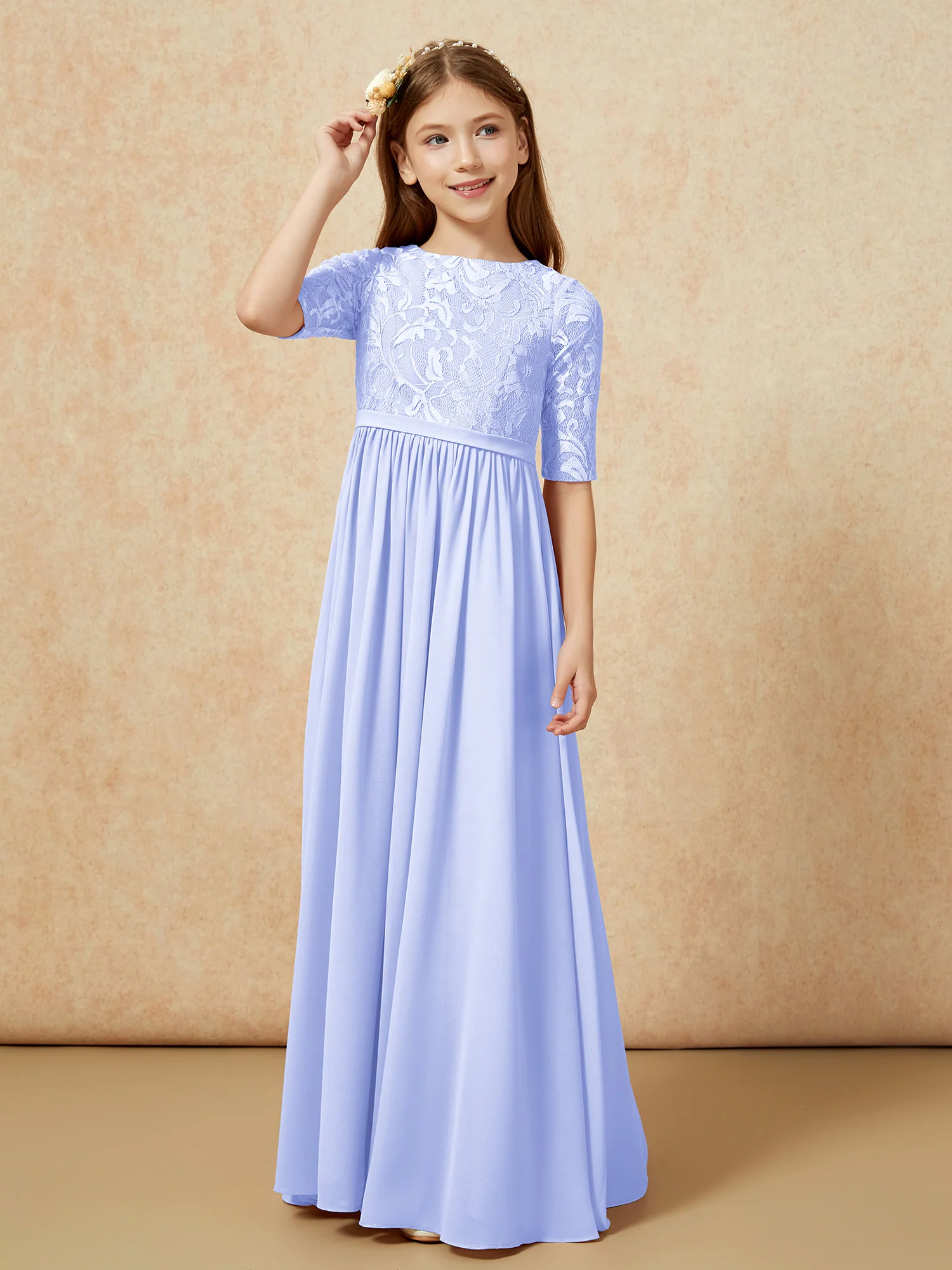Half Sleeve Lace Top Chiffon Junior Bridesmaid Dresses Lavender - Image 5