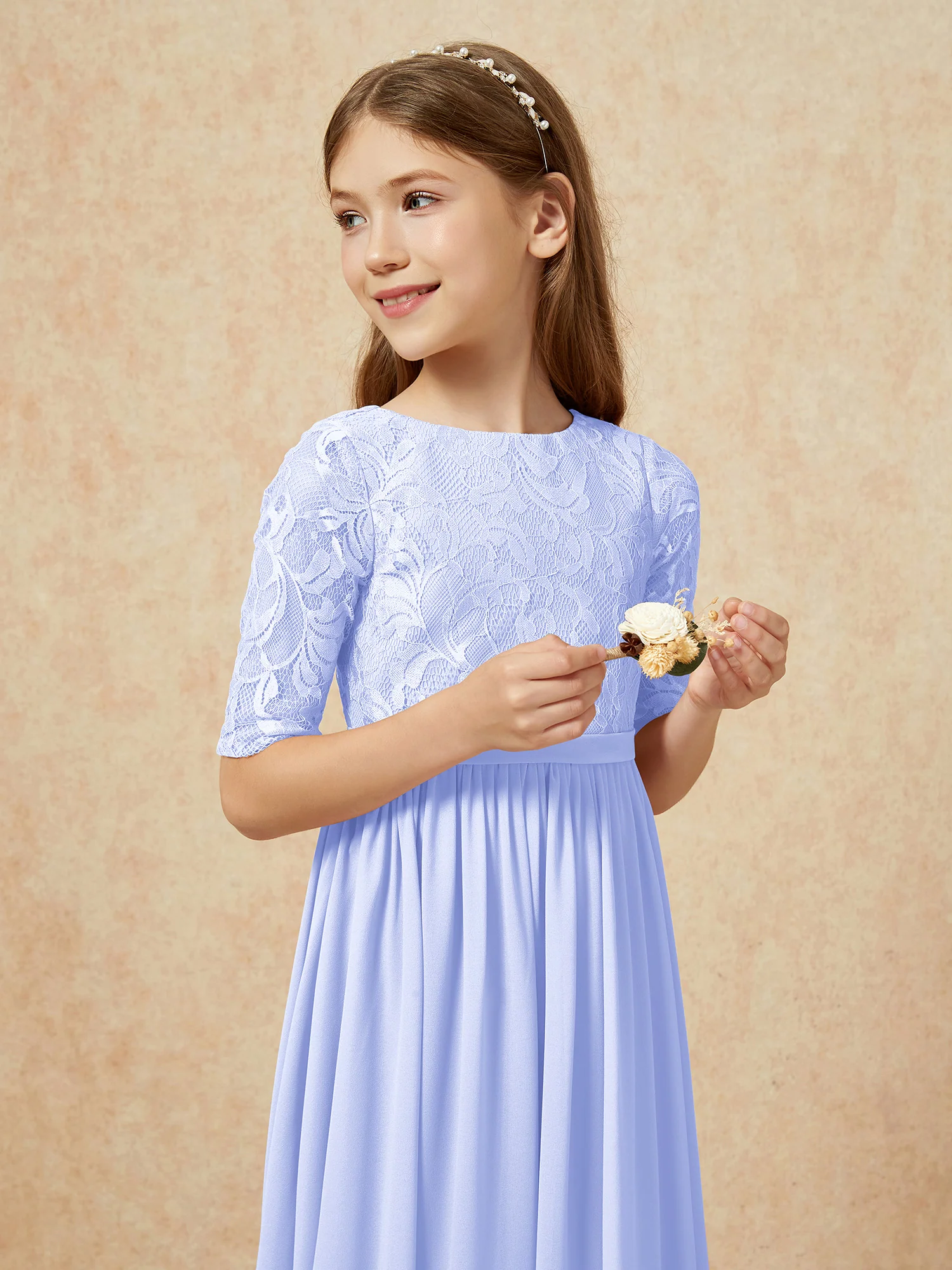 Half Sleeve Lace Top Chiffon Junior Bridesmaid Dresses Lavender - Image 6