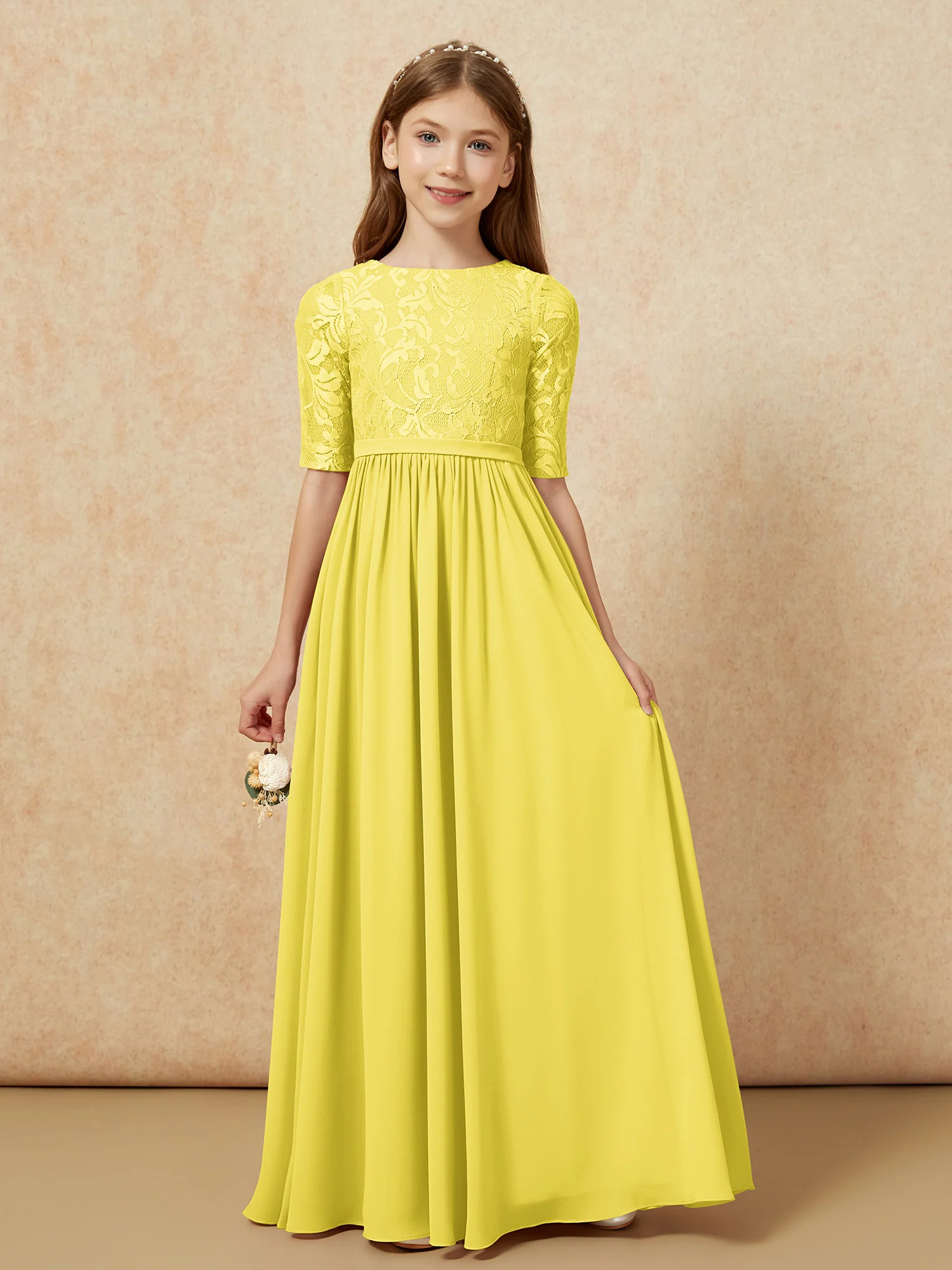 Half Sleeve Lace Top Chiffon Junior Bridesmaid Dresses Lemon