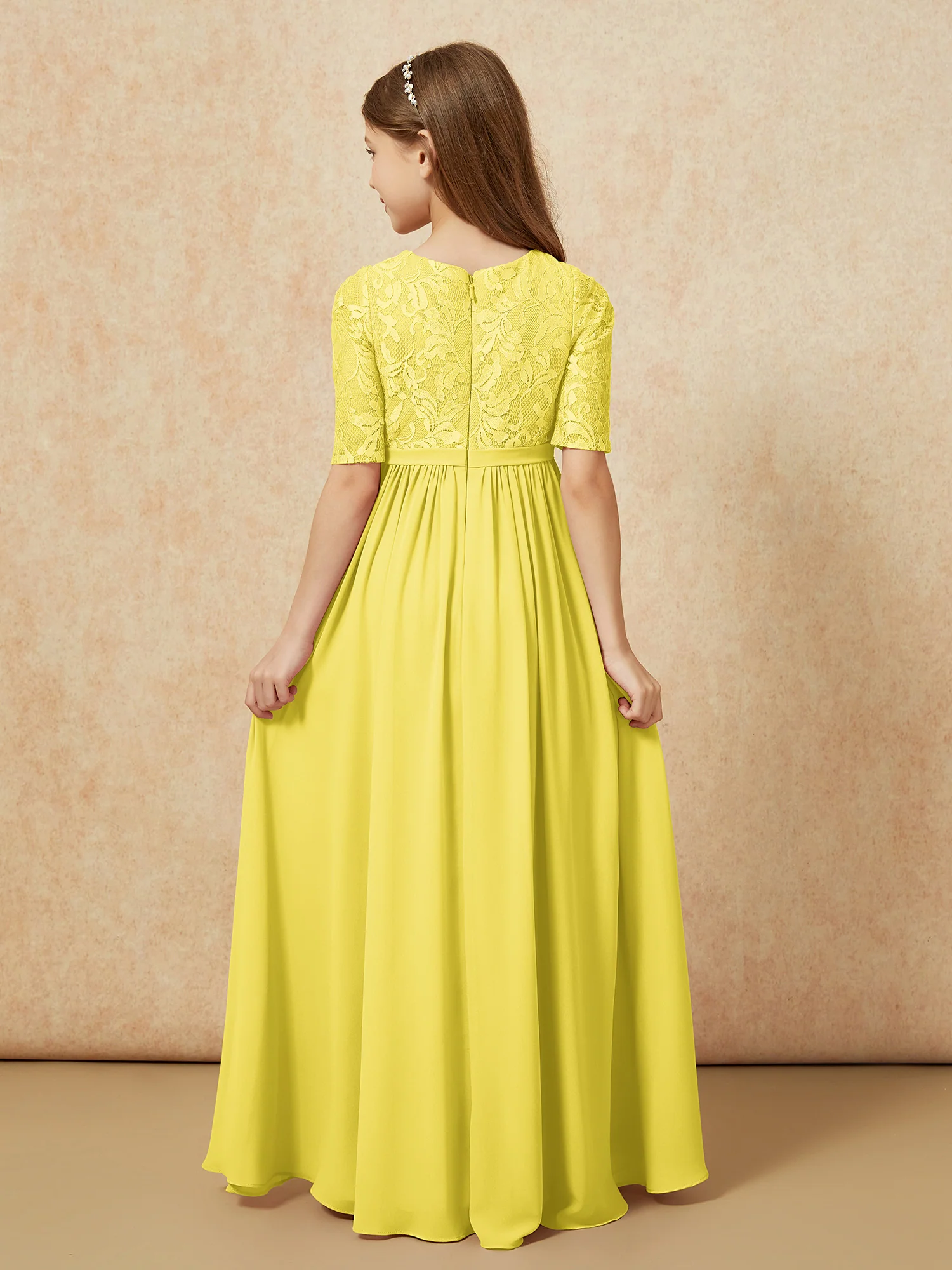 Half Sleeve Lace Top Chiffon Junior Bridesmaid Dresses Lemon - Image 2
