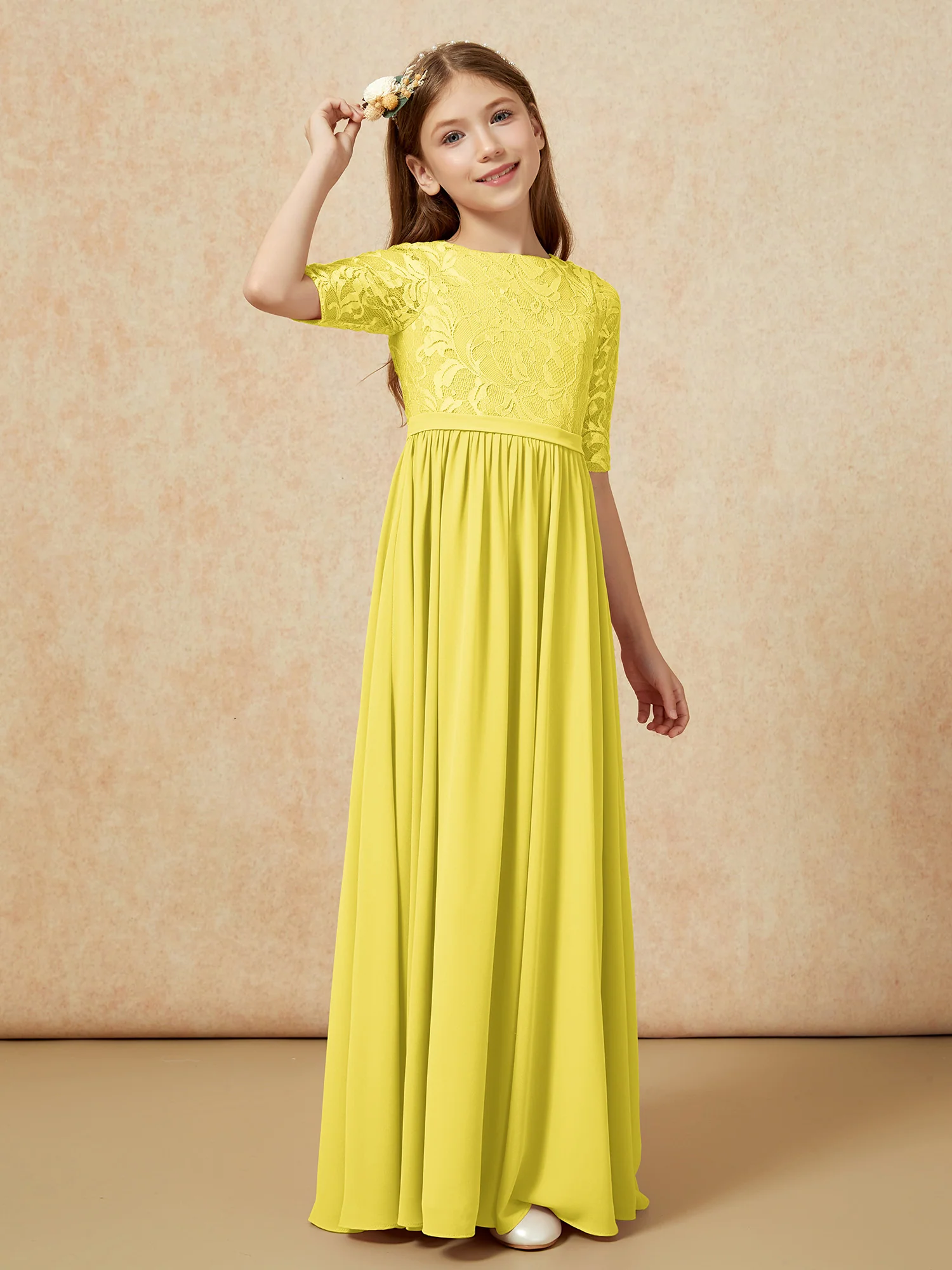 Half Sleeve Lace Top Chiffon Junior Bridesmaid Dresses Lemon - Image 3