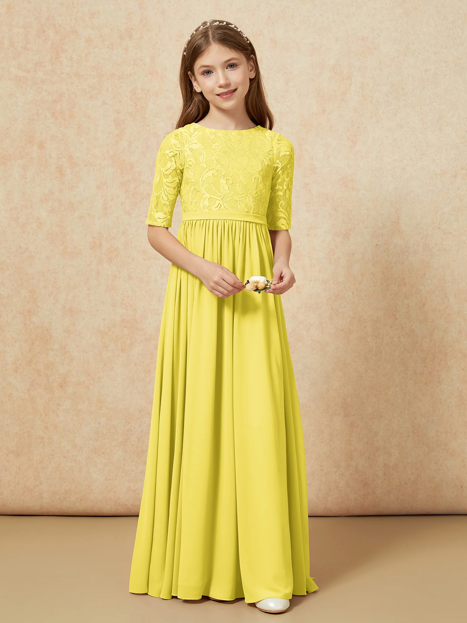 Half Sleeve Lace Top Chiffon Junior Bridesmaid Dresses Lemon - Image 4