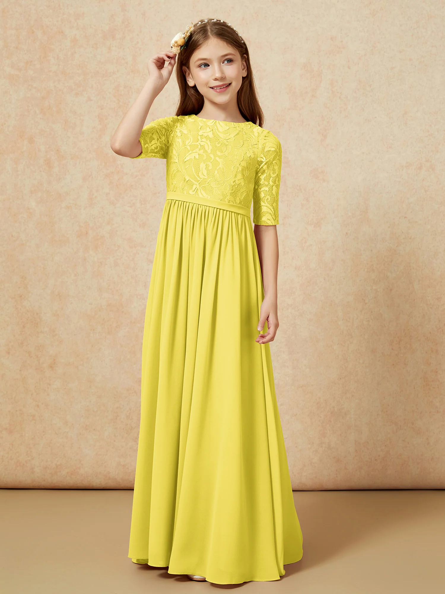 Half Sleeve Lace Top Chiffon Junior Bridesmaid Dresses Lemon - Image 5