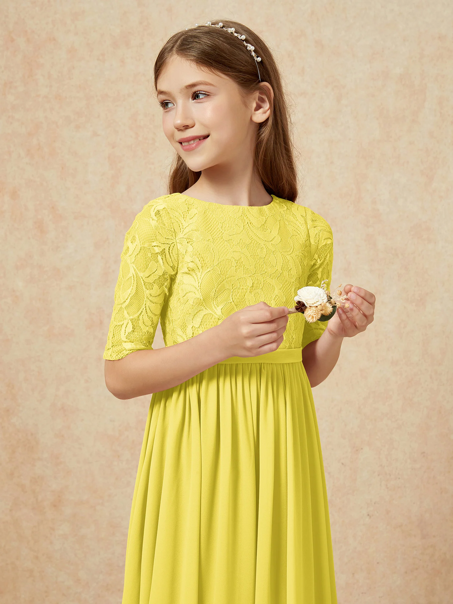 Half Sleeve Lace Top Chiffon Junior Bridesmaid Dresses Lemon - Image 6