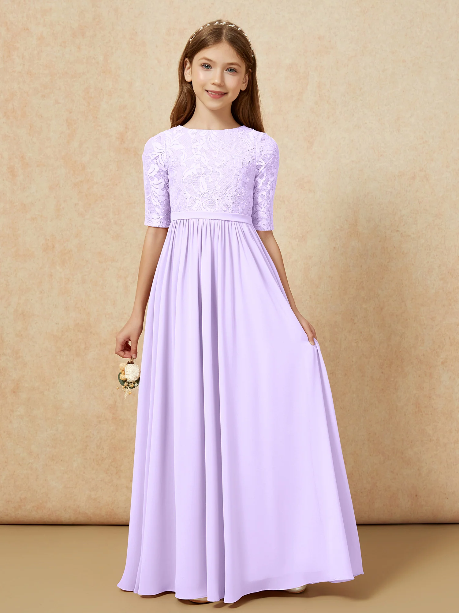 Half Sleeve Lace Top Chiffon Junior Bridesmaid Dresses Lilac