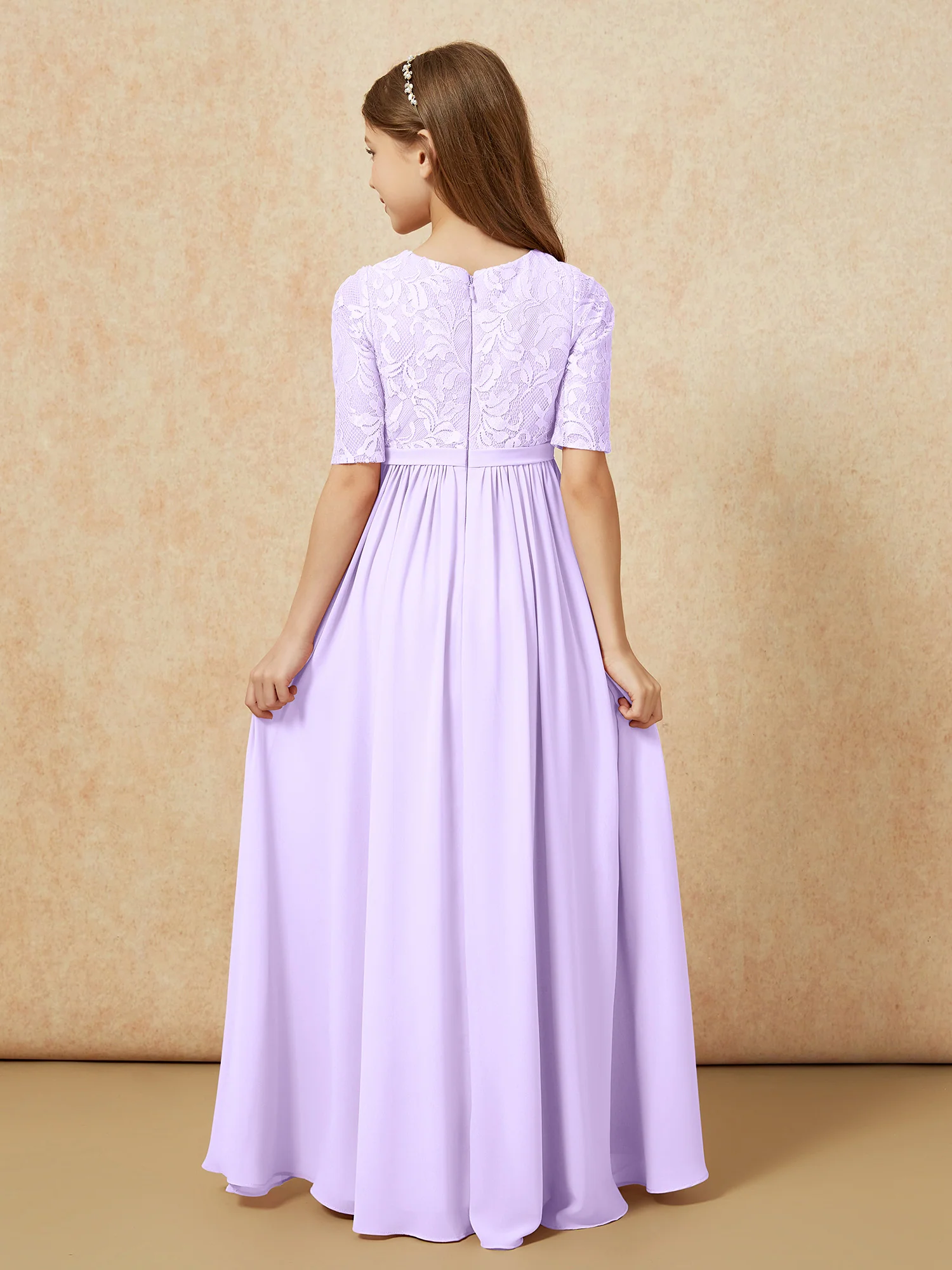 Half Sleeve Lace Top Chiffon Junior Bridesmaid Dresses Lilac - Image 2