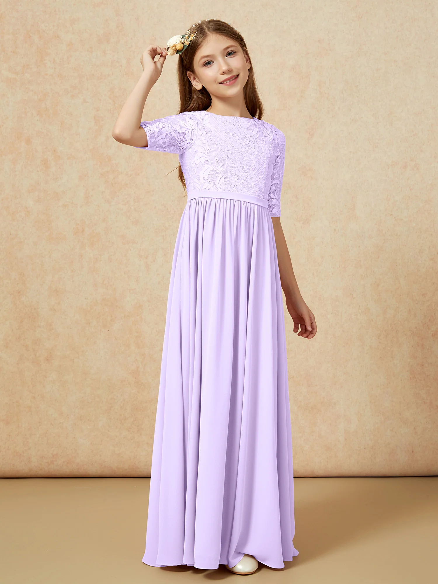 Half Sleeve Lace Top Chiffon Junior Bridesmaid Dresses Lilac - Image 3