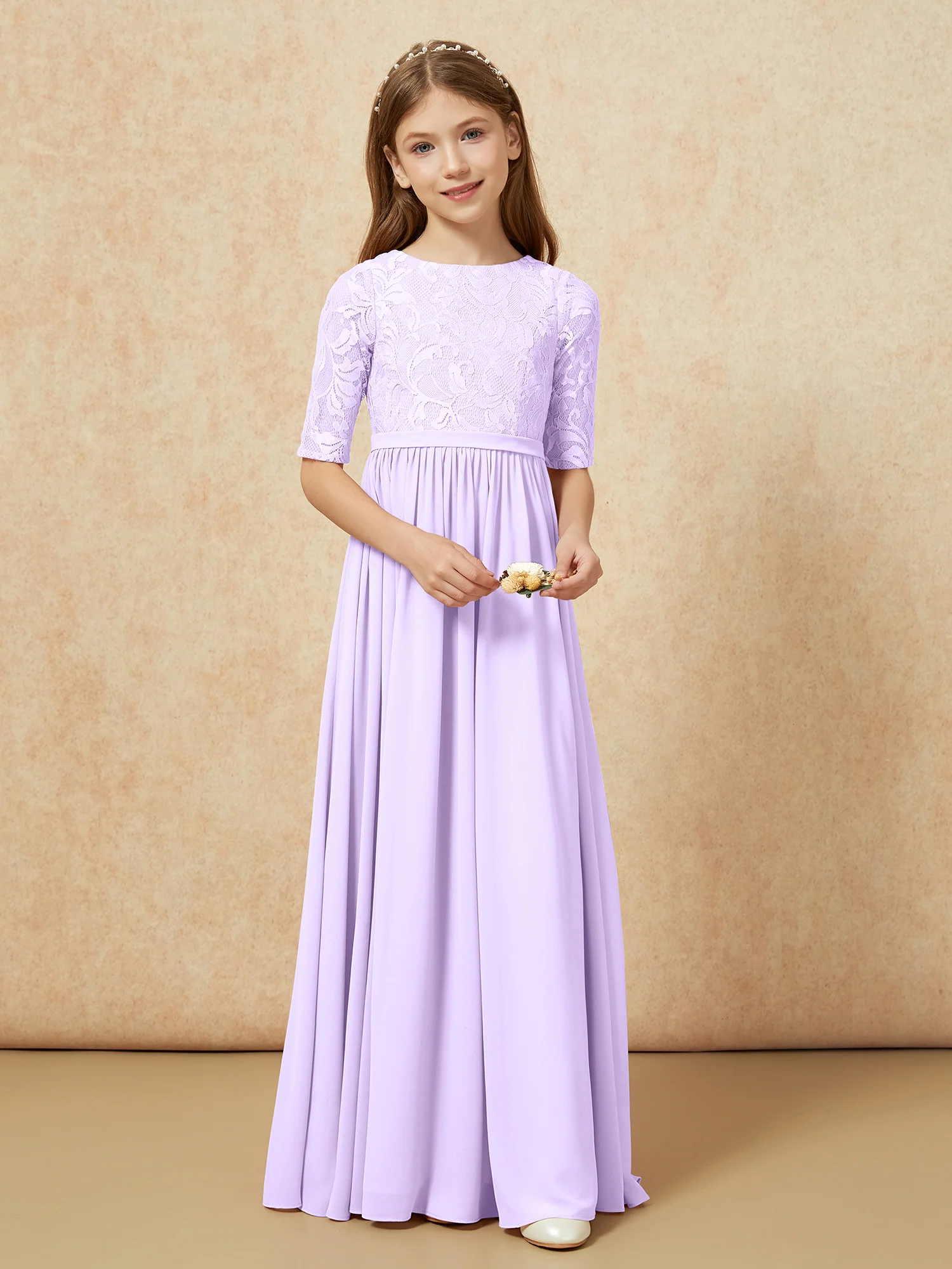 Half Sleeve Lace Top Chiffon Junior Bridesmaid Dresses Lilac - Image 4