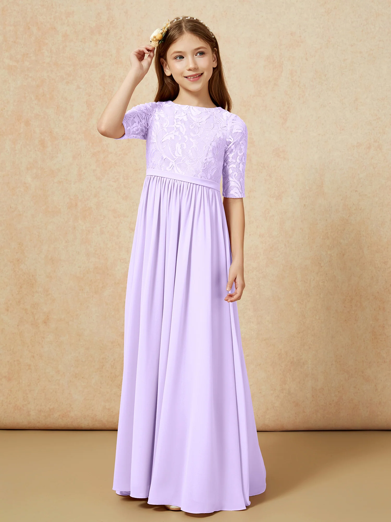 Half Sleeve Lace Top Chiffon Junior Bridesmaid Dresses Lilac - Image 5