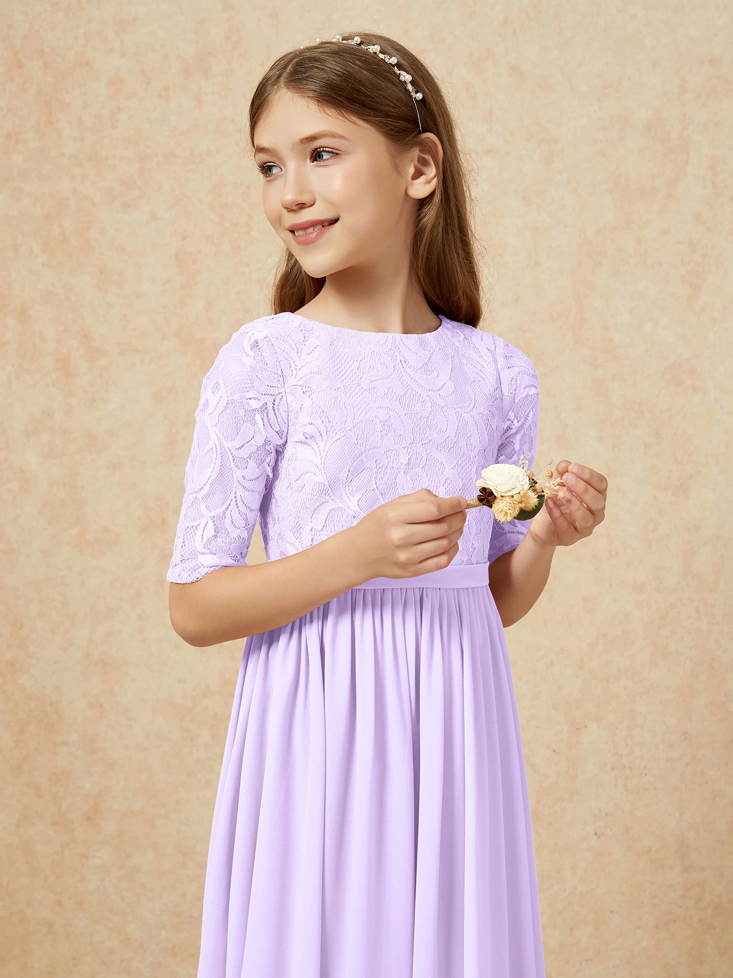 Half Sleeve Lace Top Chiffon Junior Bridesmaid Dresses Lilac - Image 6